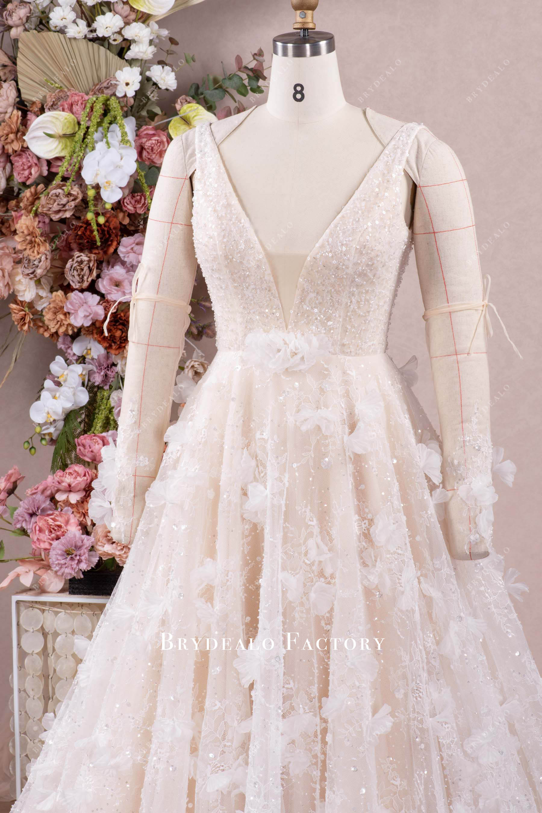 gloves plunging puffy wedding gown
