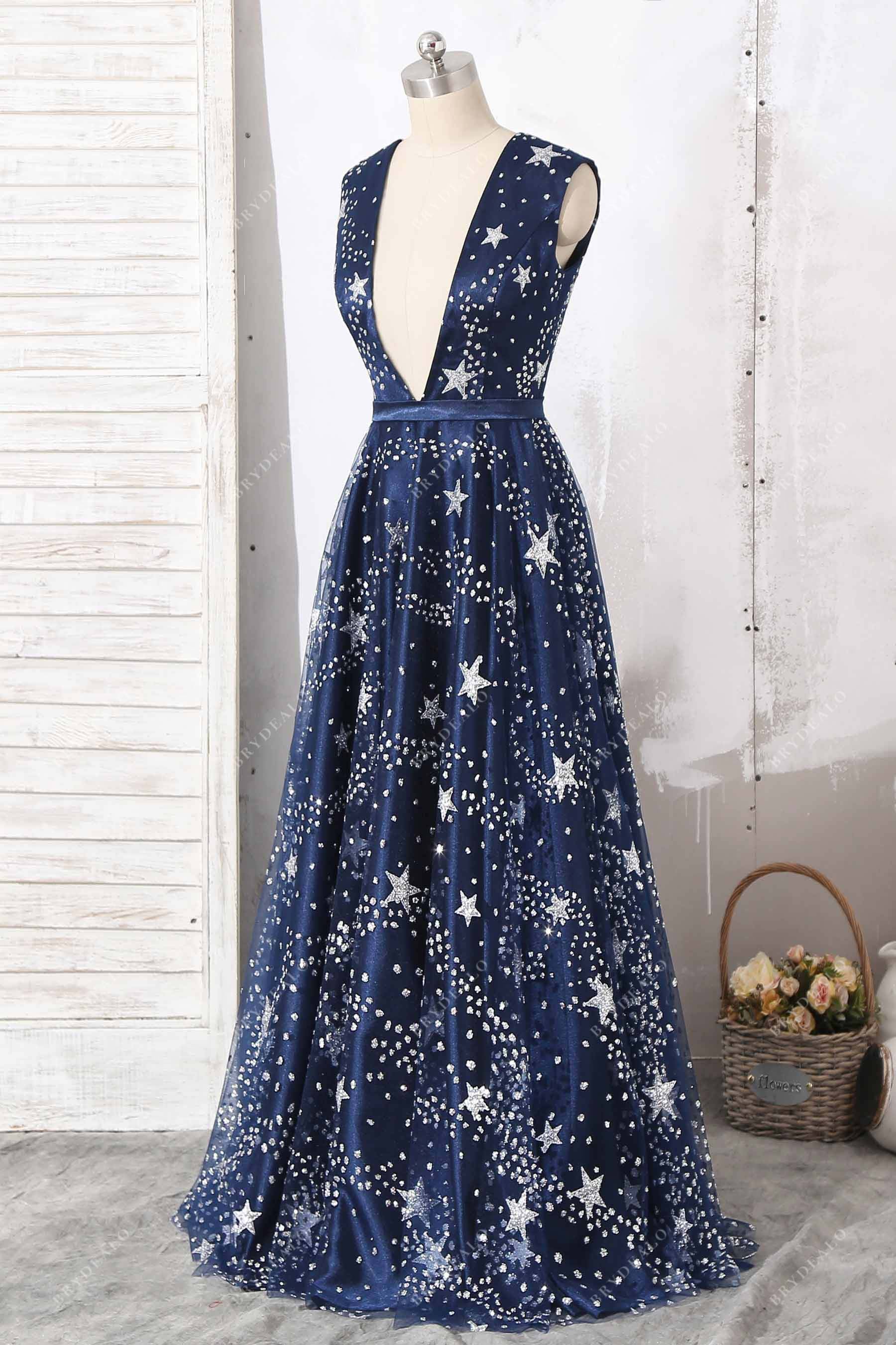 navy glitter prom dress Cicinia Dark Navy Prom Dresses Long Glitter Tulle A-line Spaghetti Straps With Train