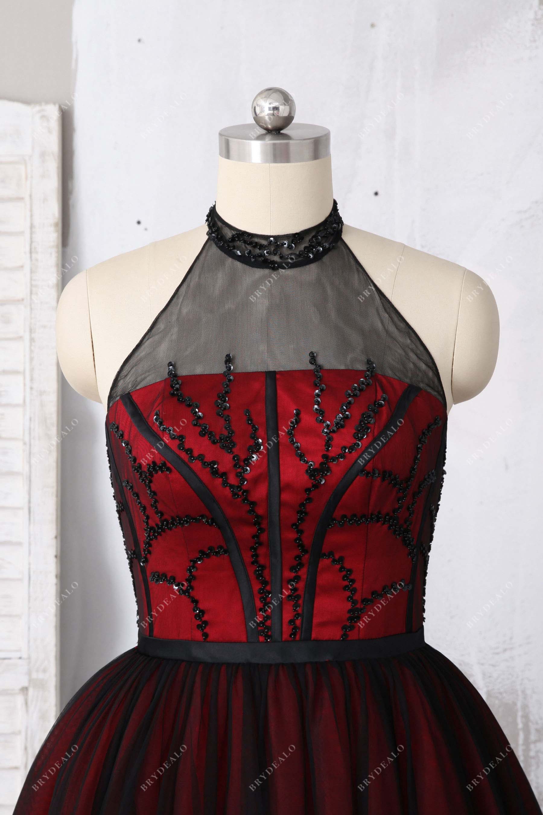 black sequin sheer neck prom dress