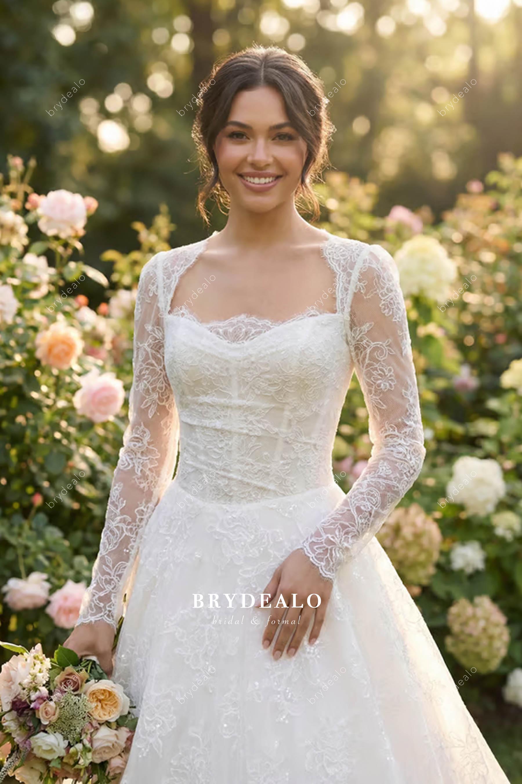 queen anne neck sleeved wedding dress