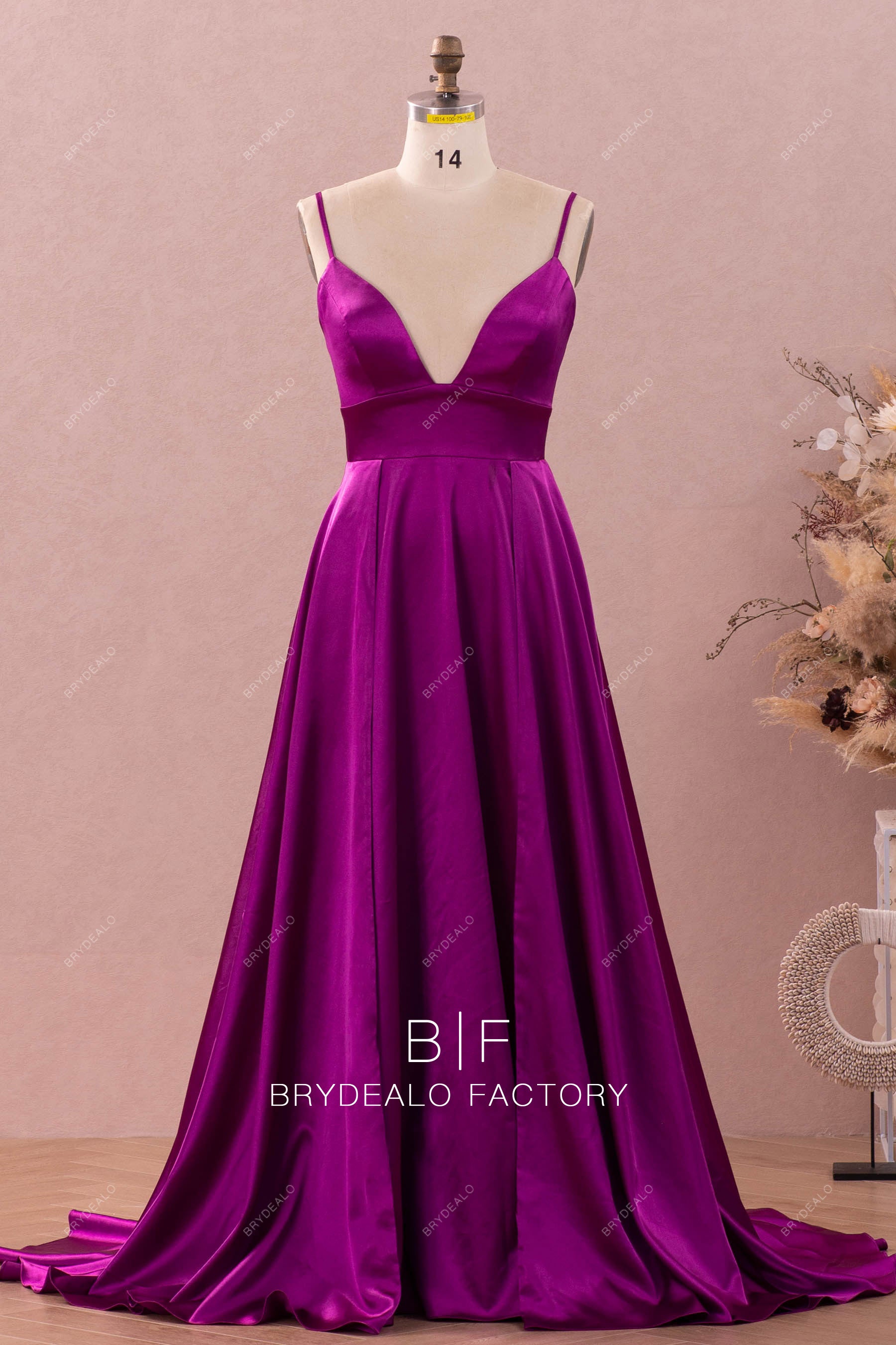 raspberry plunging neck A-line prom dress