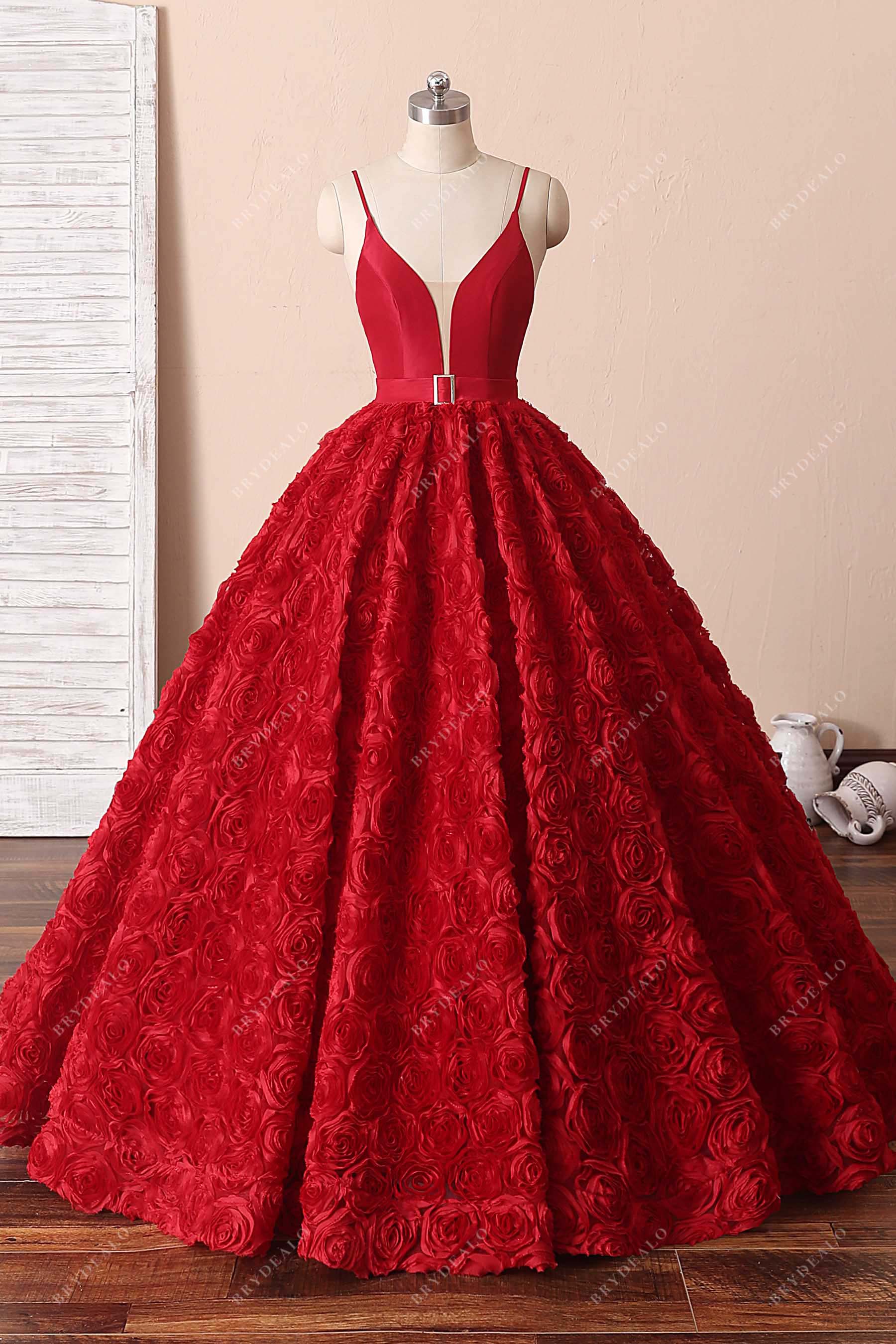 red thin straps 3D roses ball gown