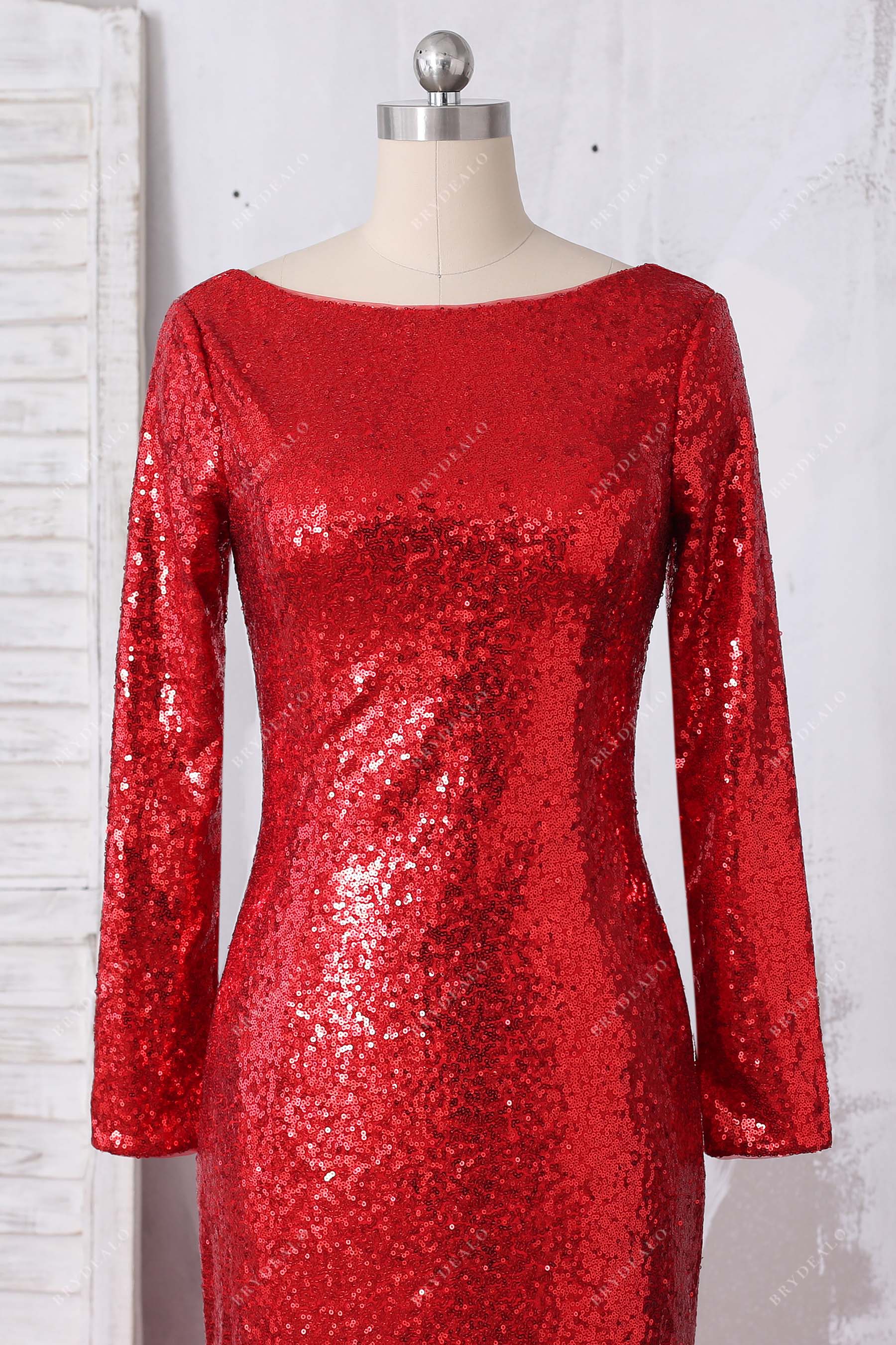 red sequin long sleeve prom dress