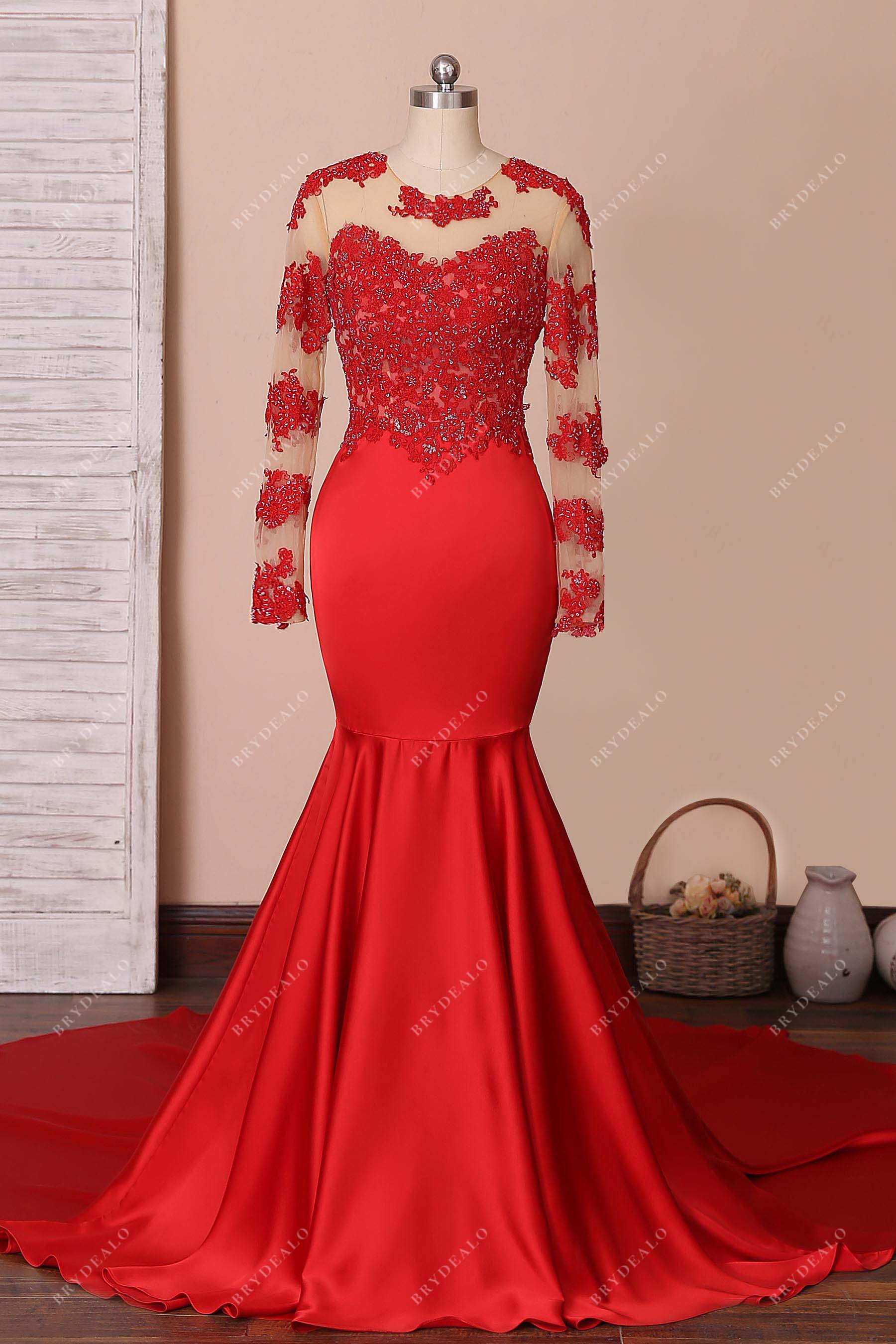 red lace jersey mermaid prom dress