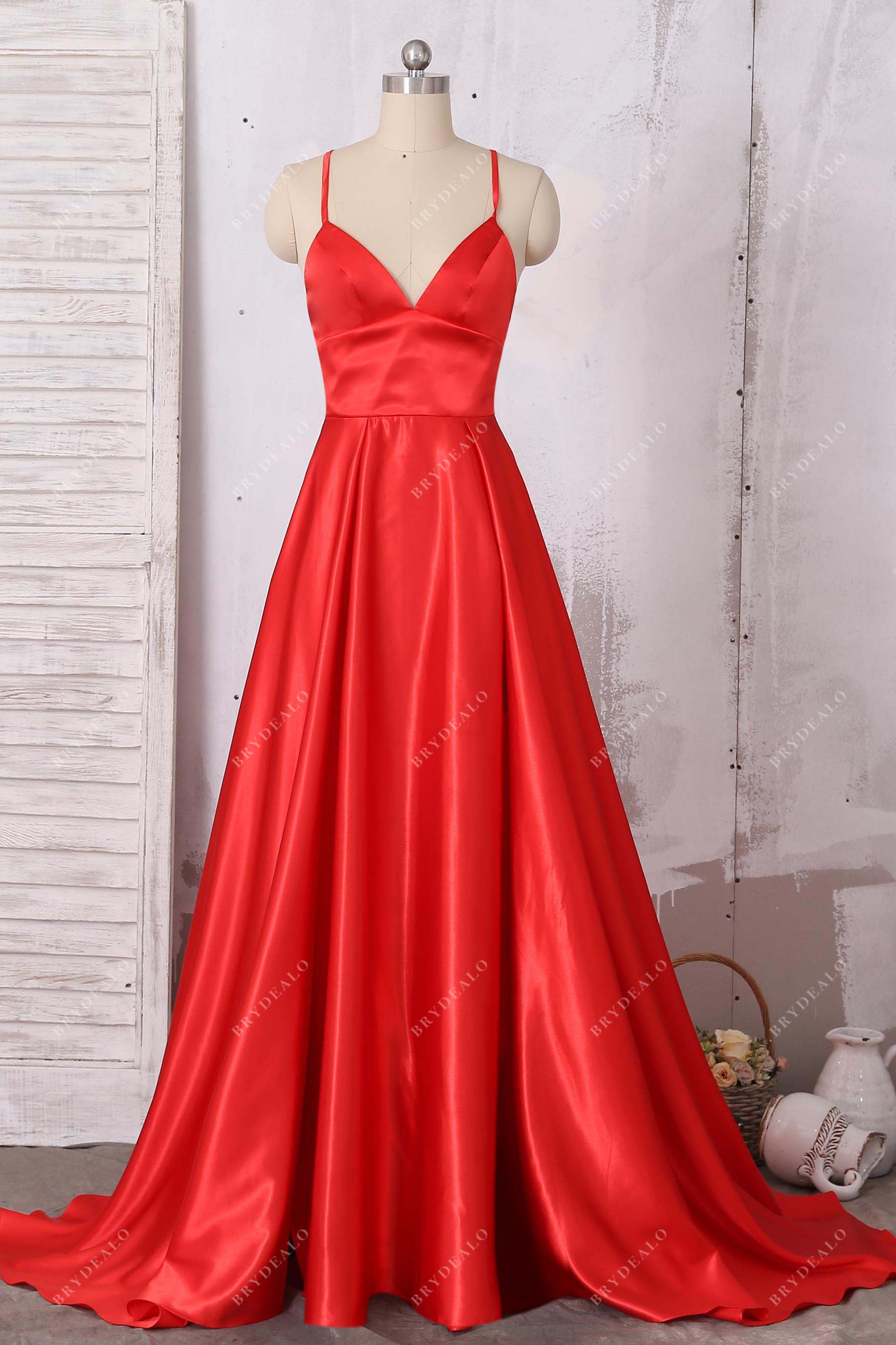 red thin straps A-line prom dress