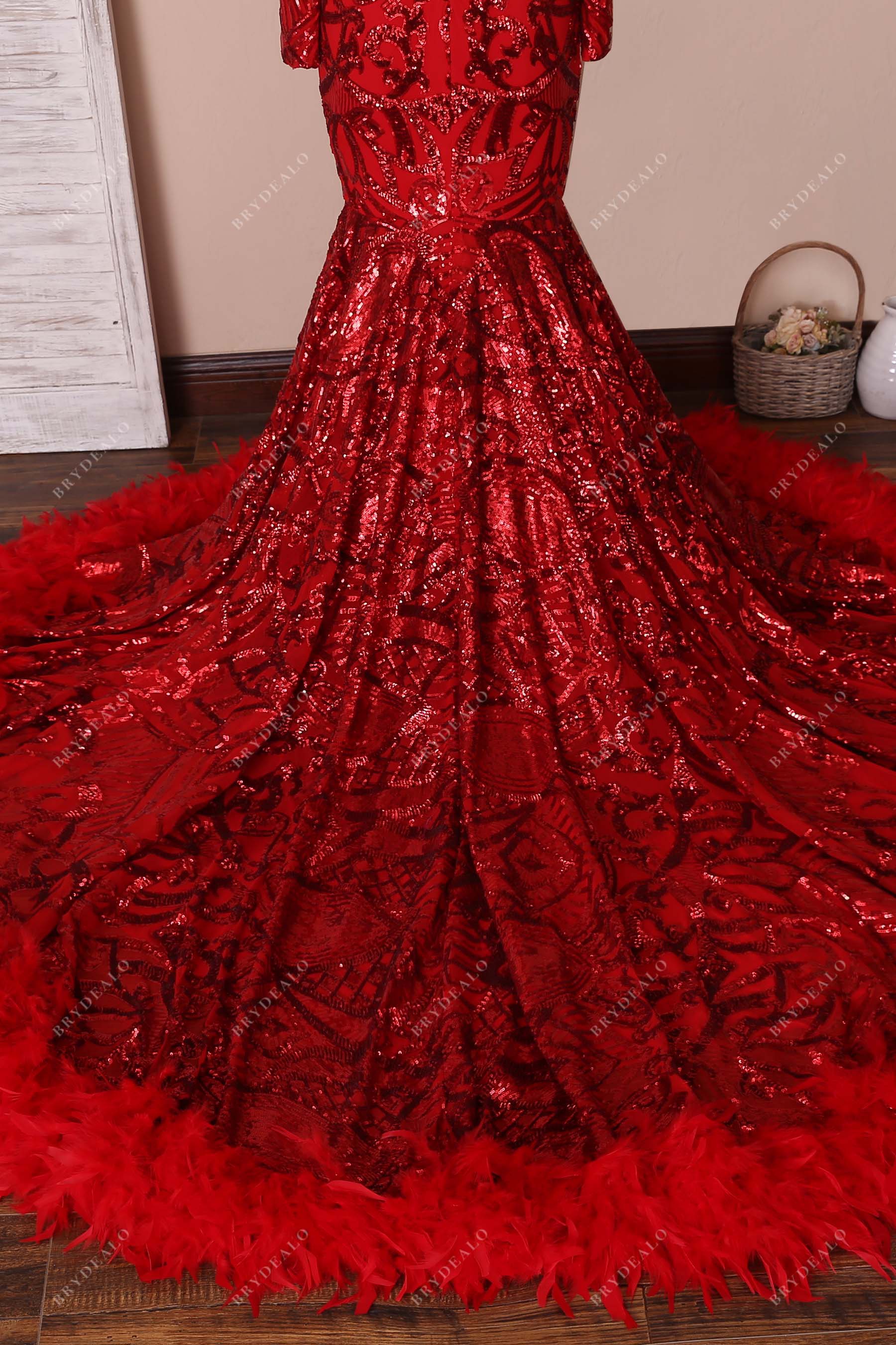 Red Sequin Feather Dramatic Mermaid Long Train Prom Dress Brydealo Red Sequin Feather Dramatic Mermaid Long Train Prom Dress Brydealo