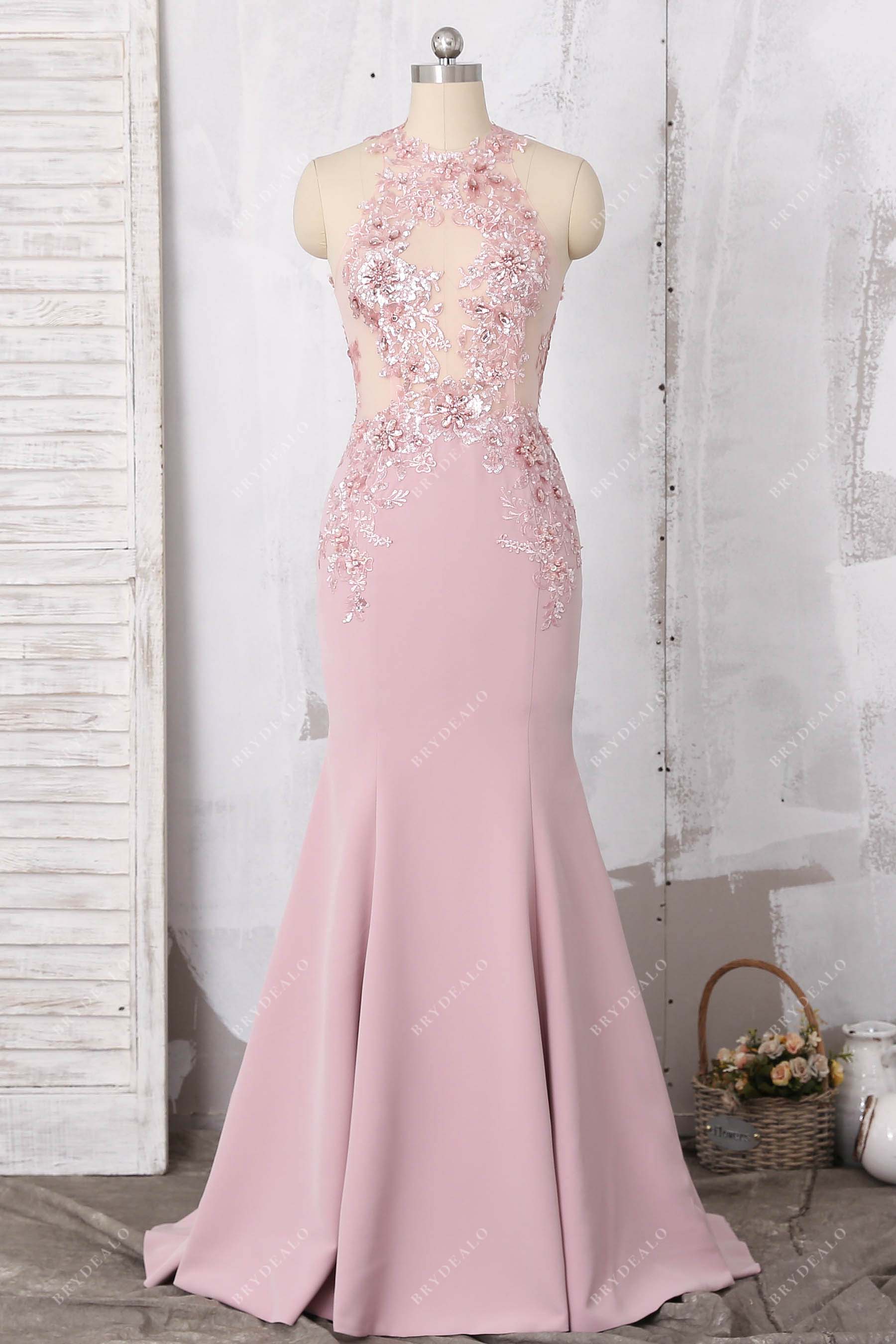 dusty pink illusion lace bodice prom dress
