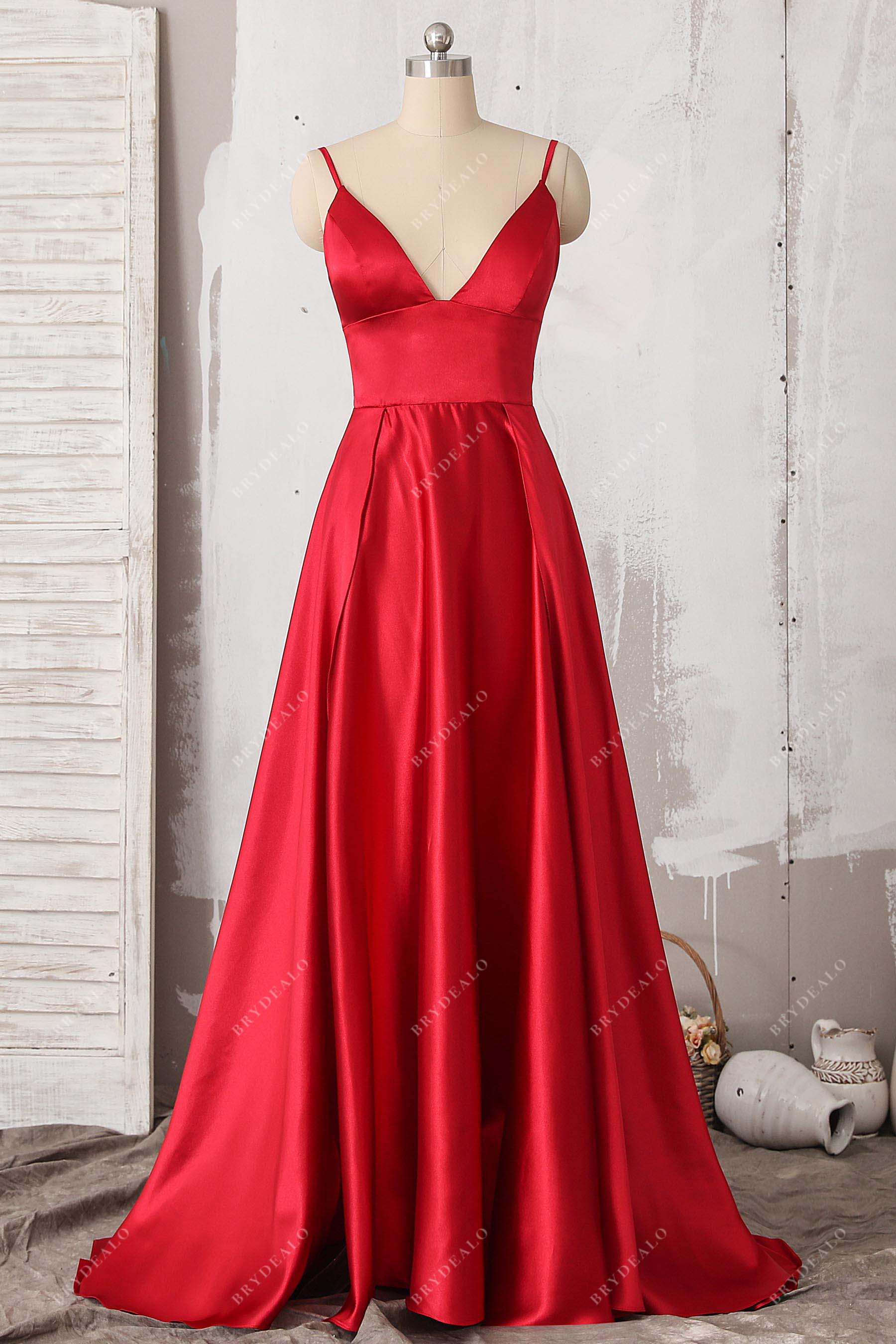 red satin thin straps A-line prom dress