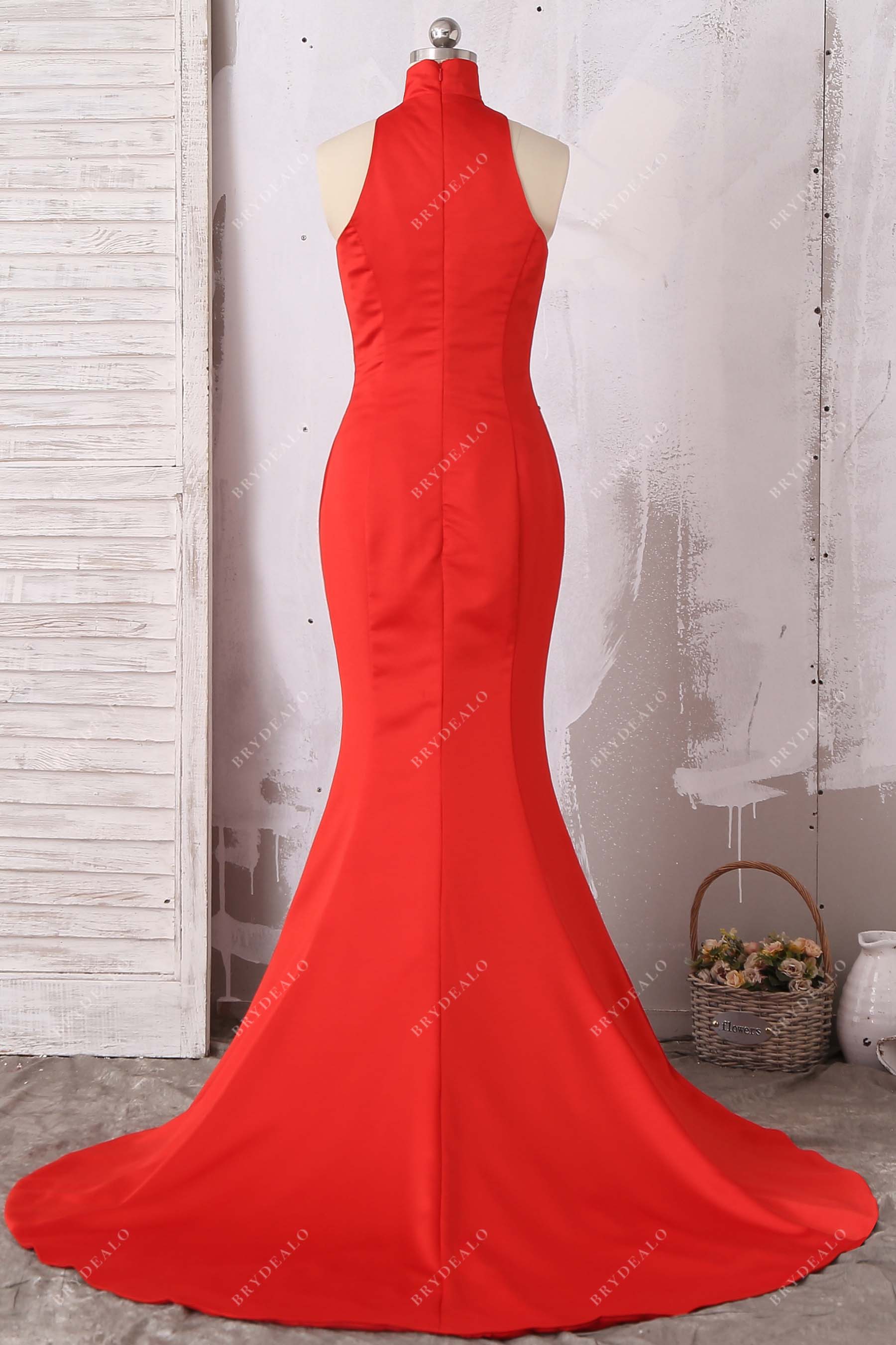 red satin sleeveless formal dress