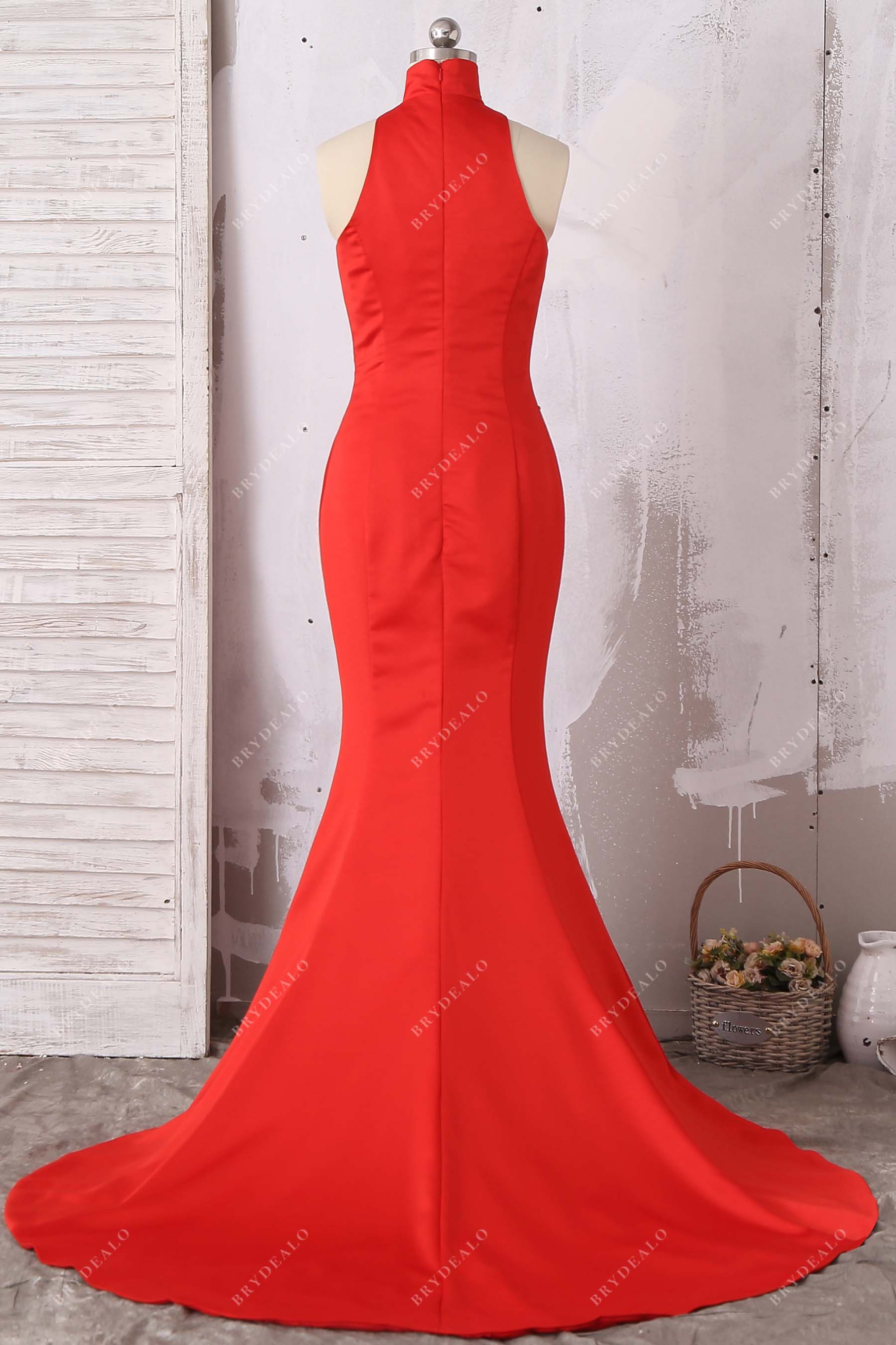 red satin sleeveless formal dress
