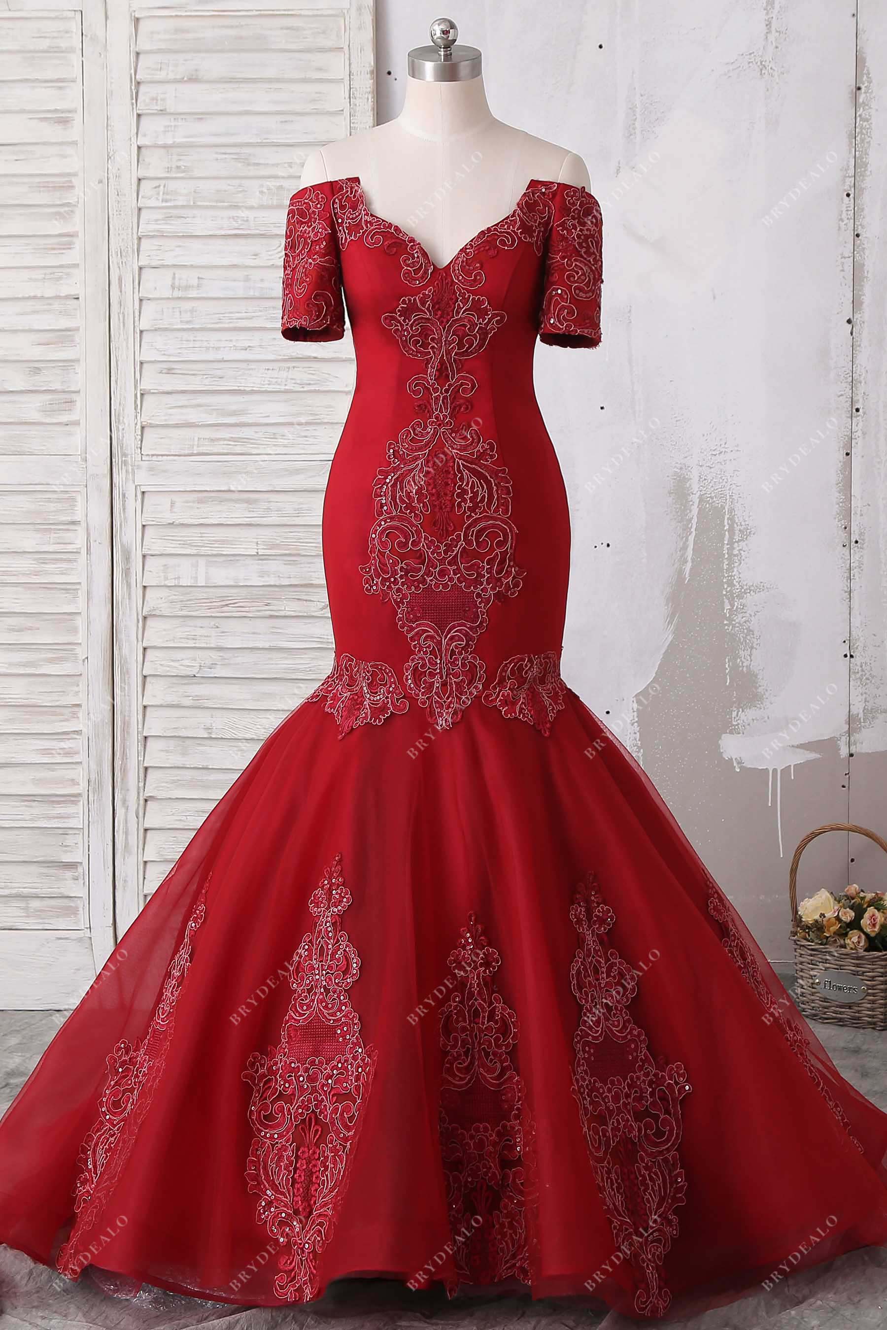 red off shoulder lace sequin mermaid prom dress