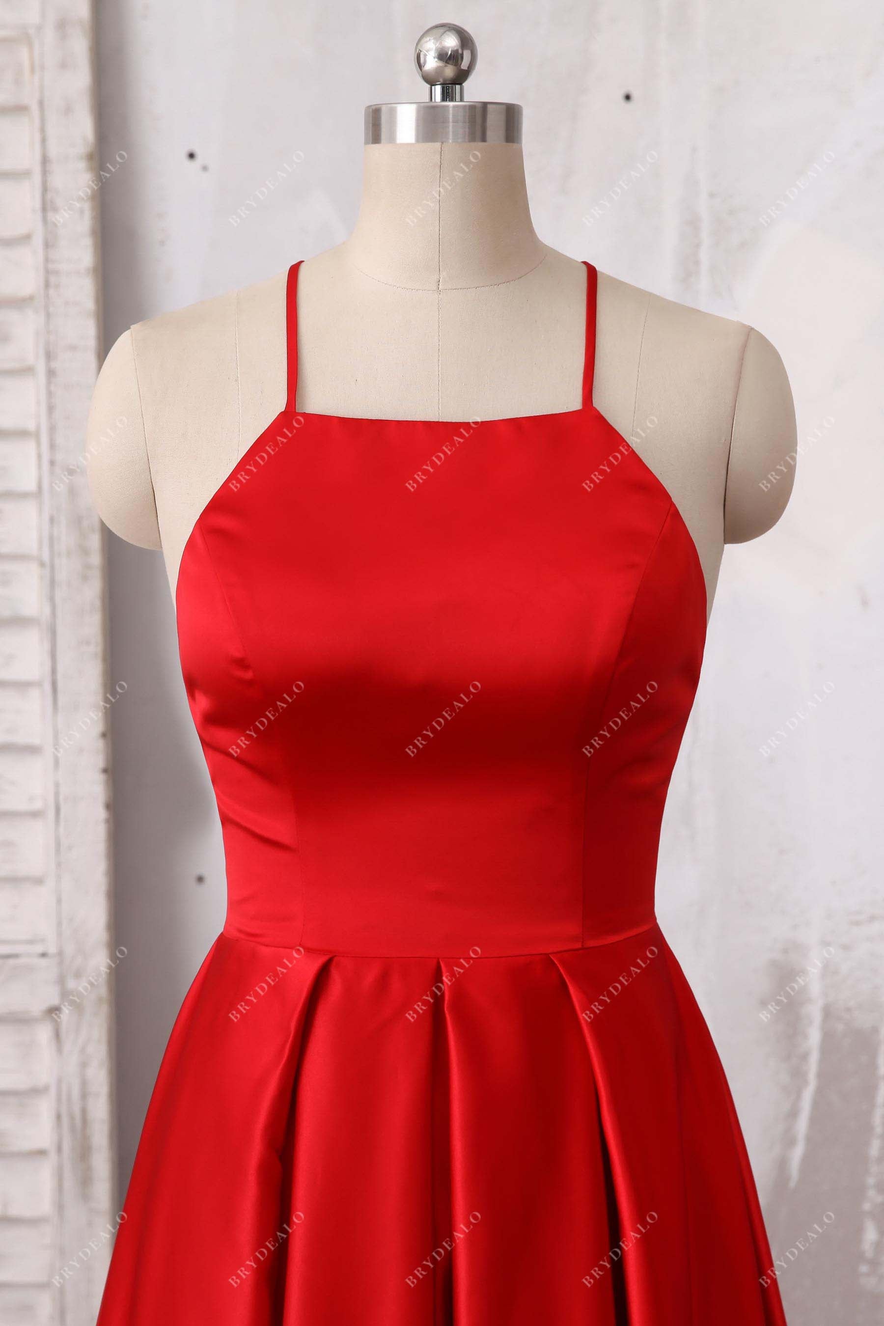 spaghetti strap red satin prom dress