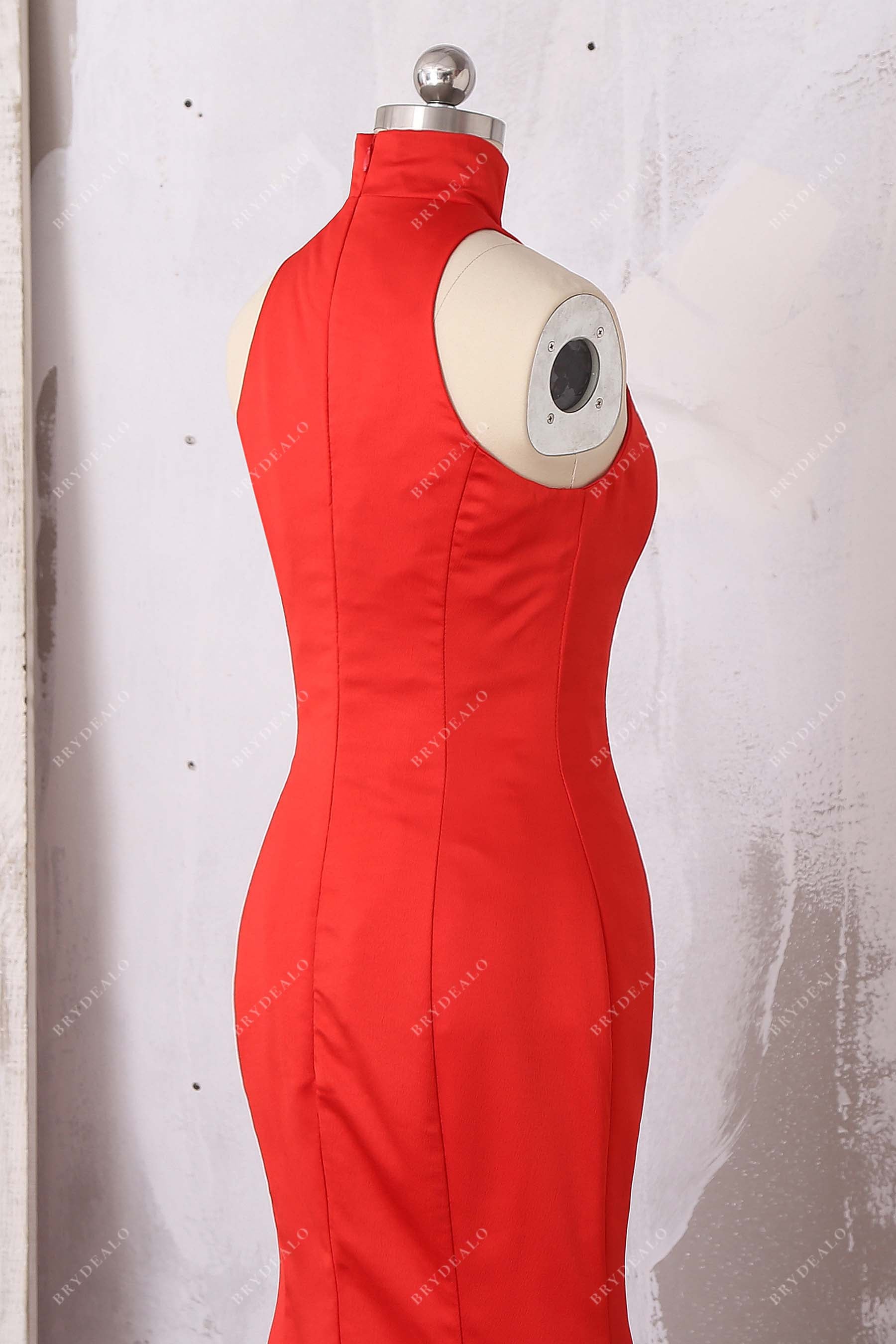 red satin sheath formal dress