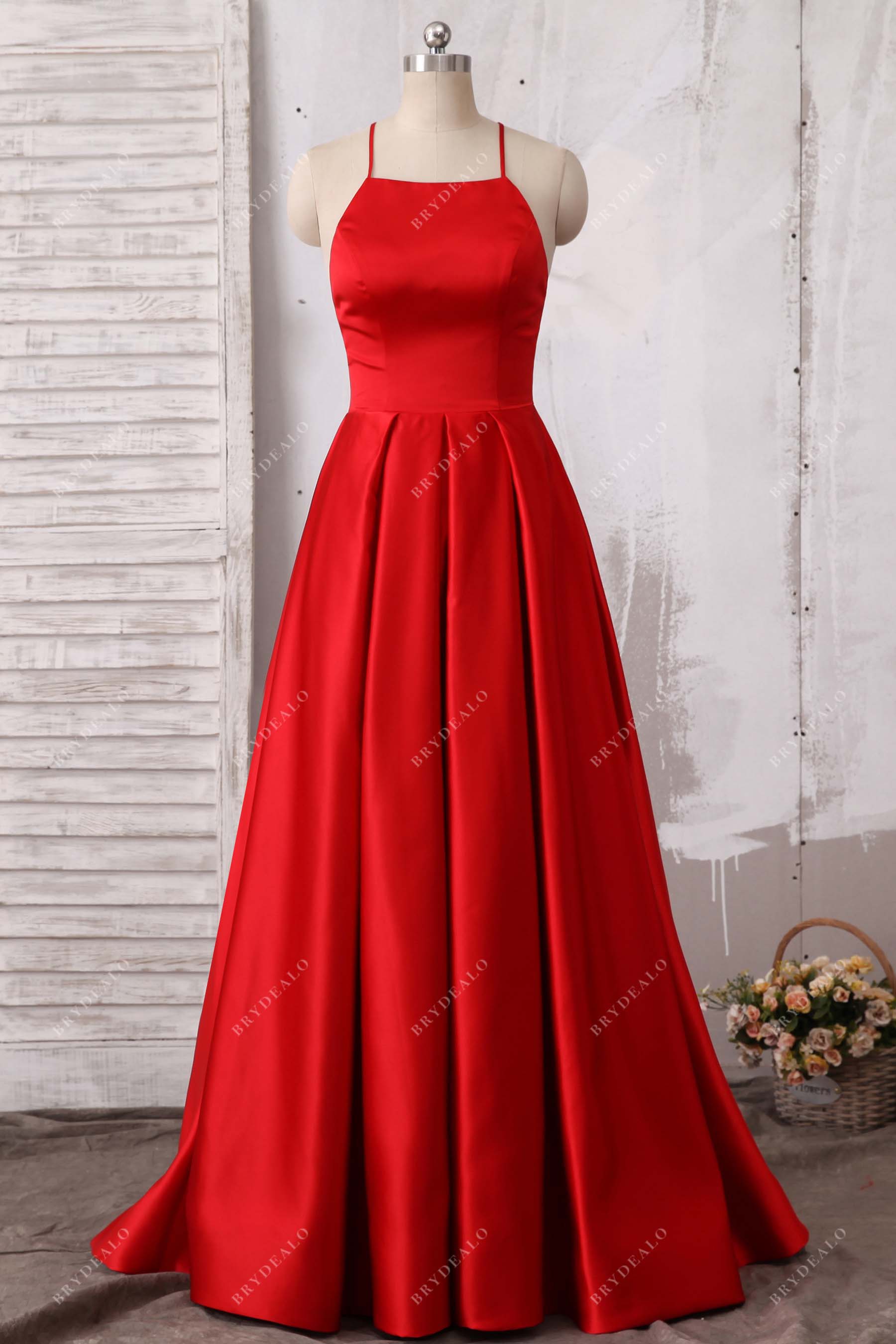 red satin thin strap pleated prom dress