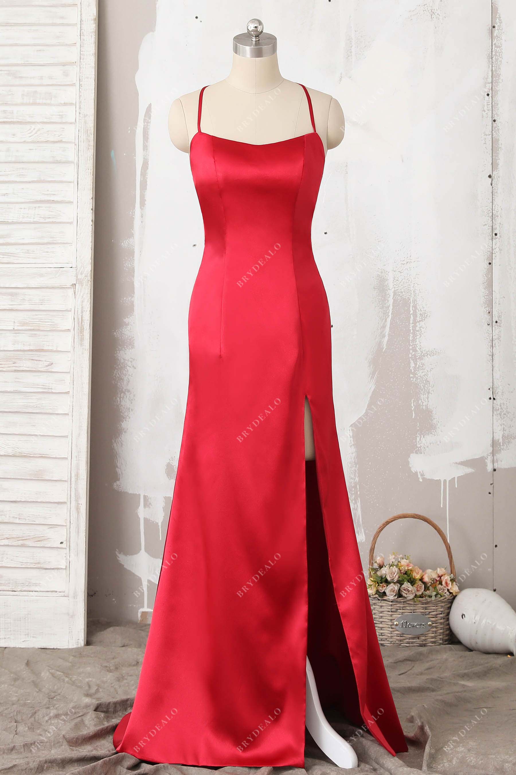 thin straps red satin slit prom dress