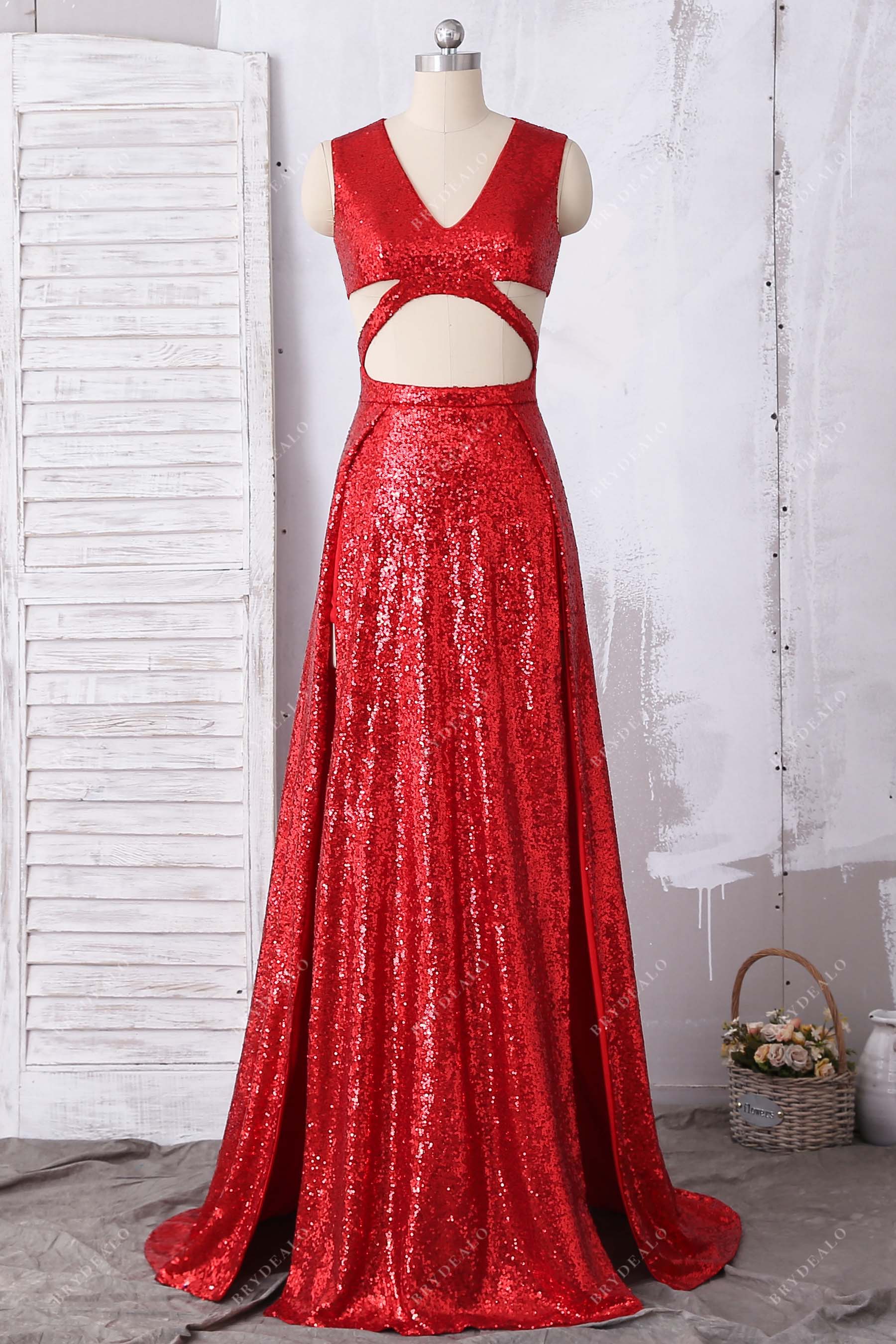 red sequin sleeveless cutouts slits prom dress