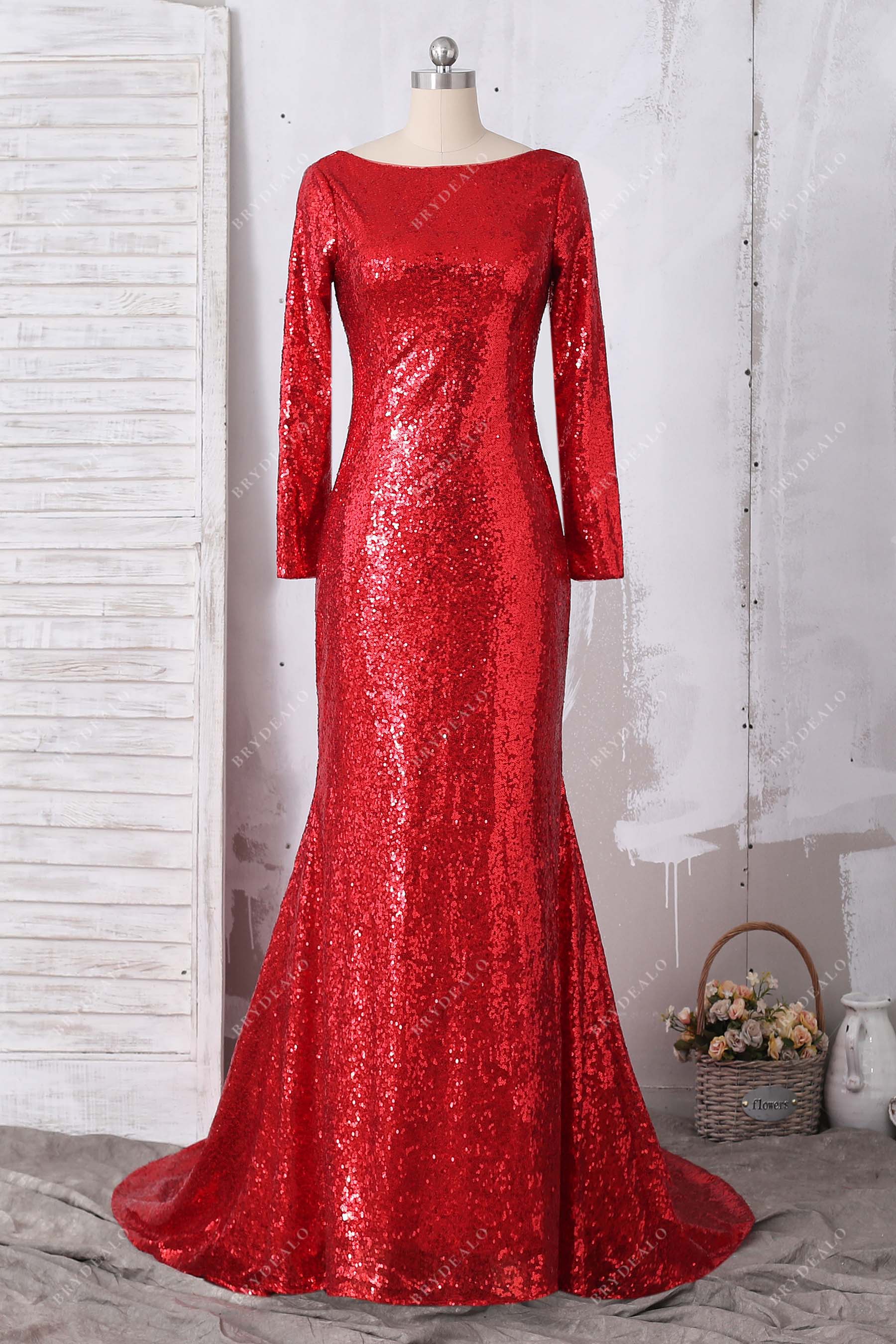 sparkly sequin long sleeve trumpet prom dress