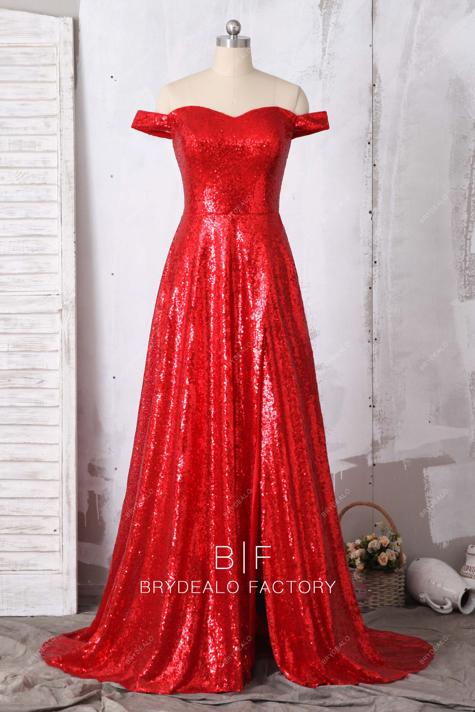 red sequin off shoulder slit prom dress