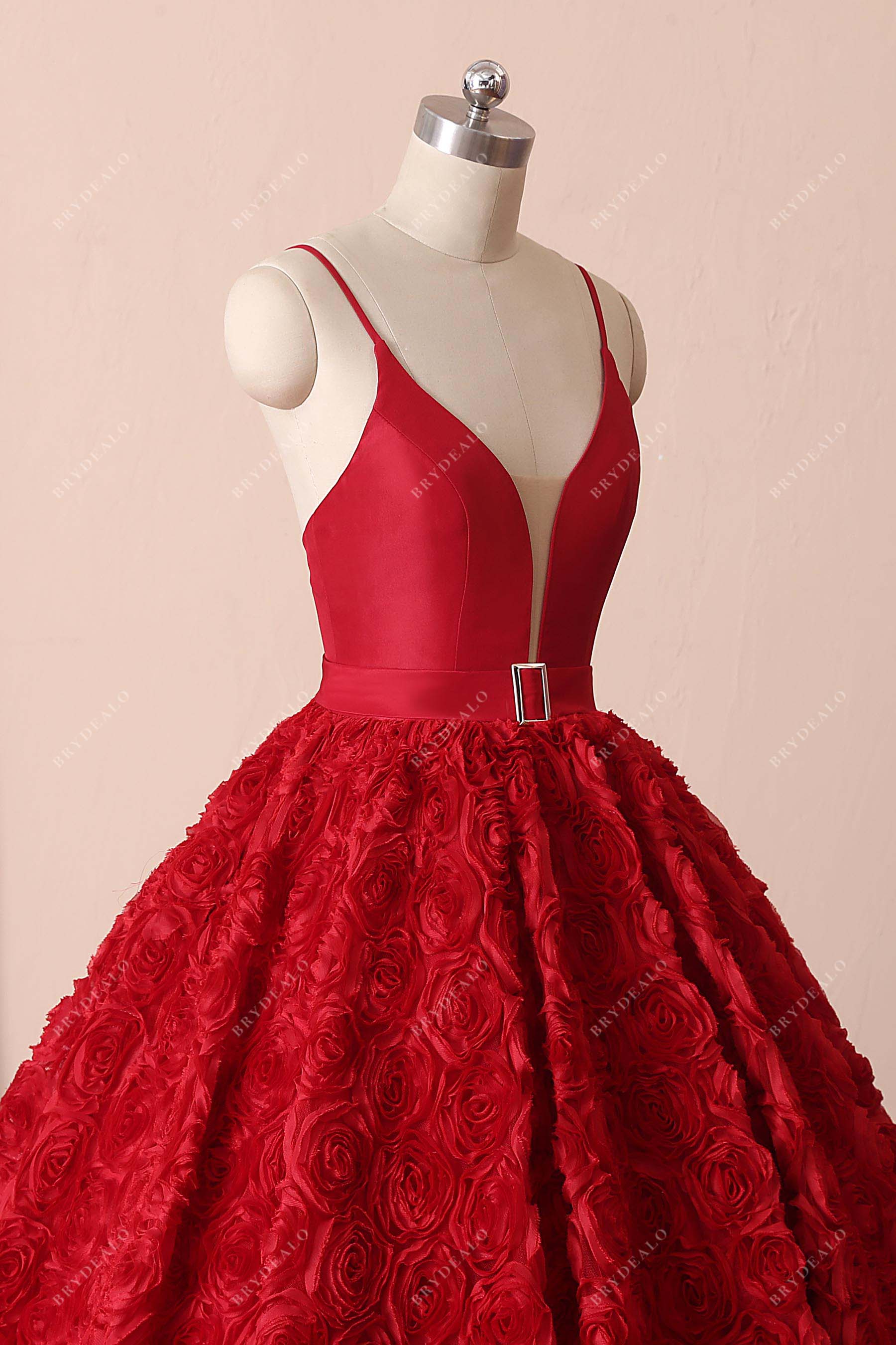 red satin plunging neck formal dress