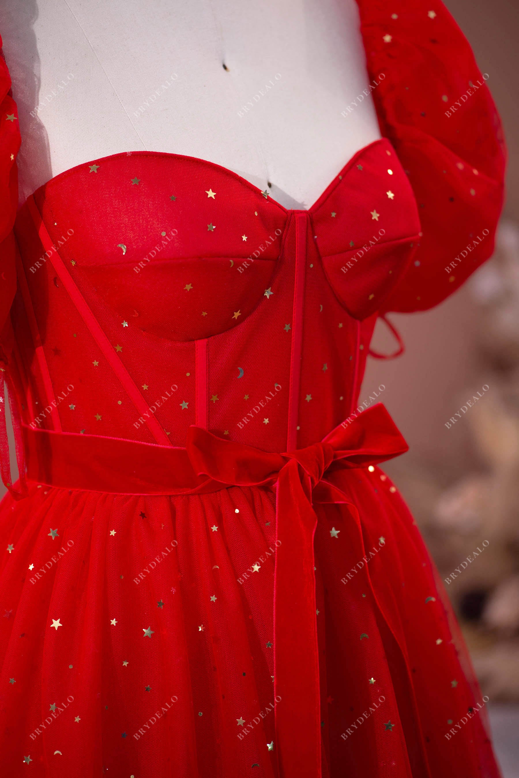 Star Sequin Red Tulle Puff Sleeve Corset Prom Dress Brydealo Star Sequin Red Tulle Puff Sleeve Corset Prom Dress Brydealo