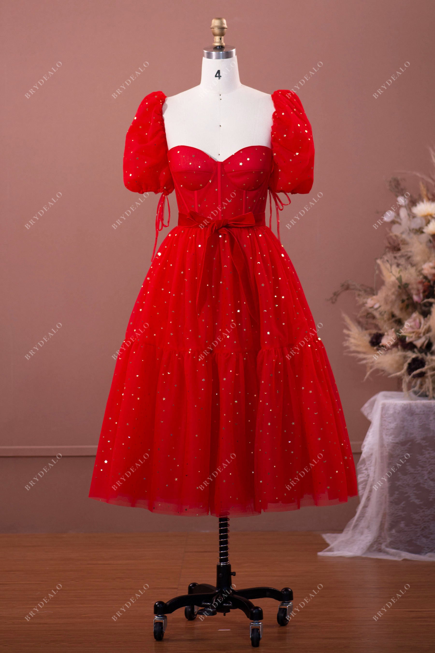 red sweetheart tulle midi prom dress