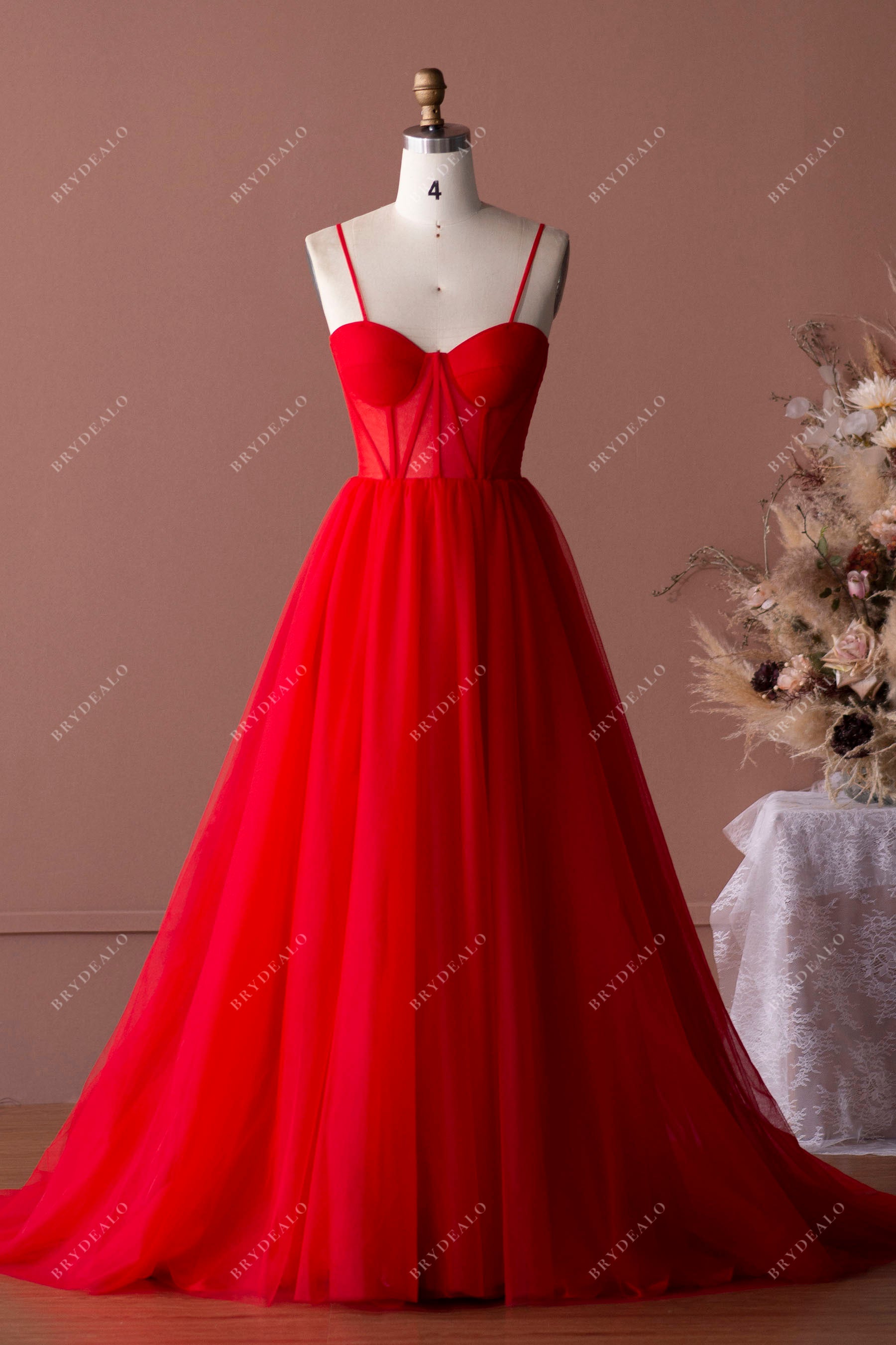 thin straps red tulle A-ling prom dress