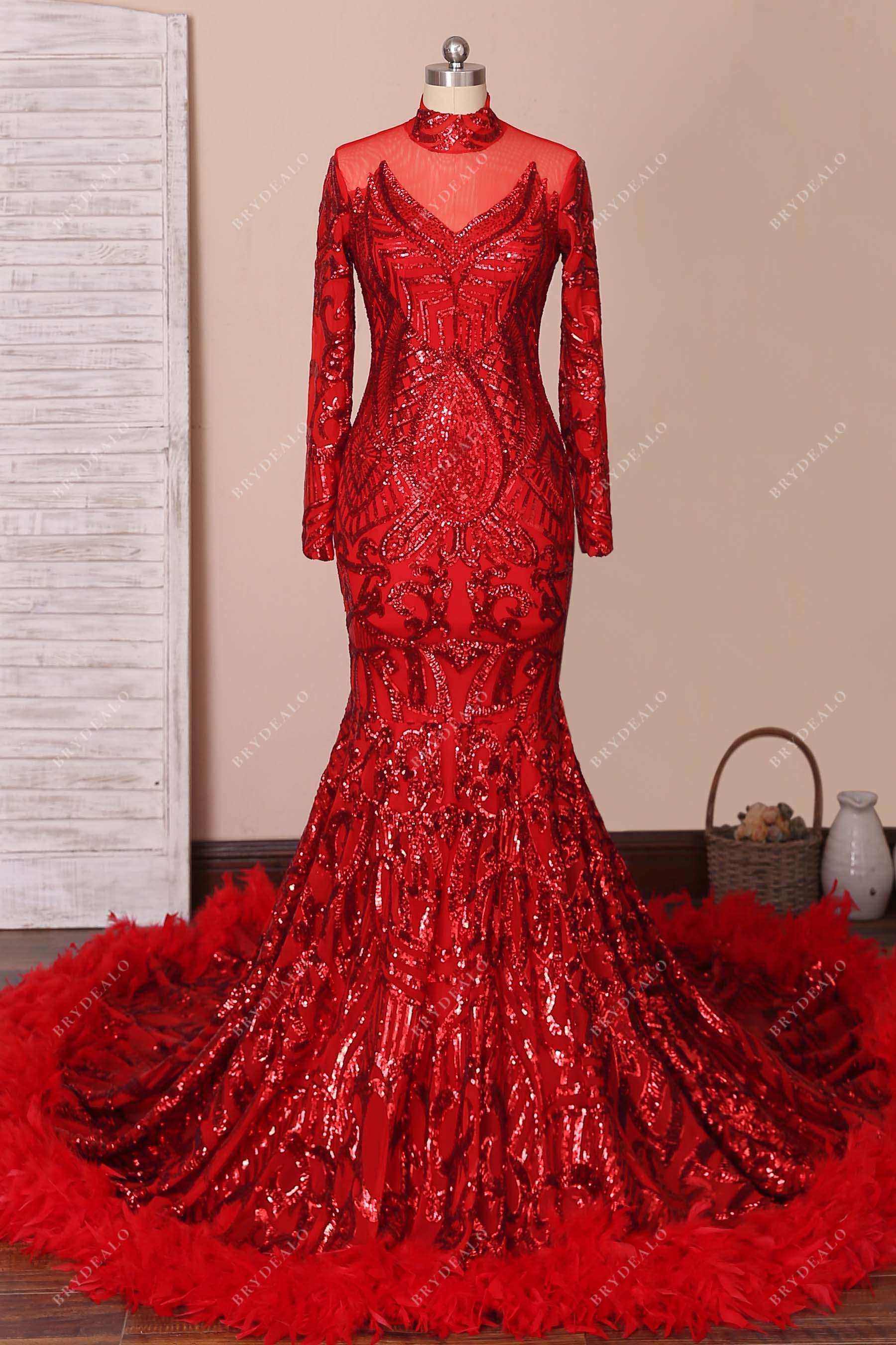 red sequin patterned feather trumpet formal dress