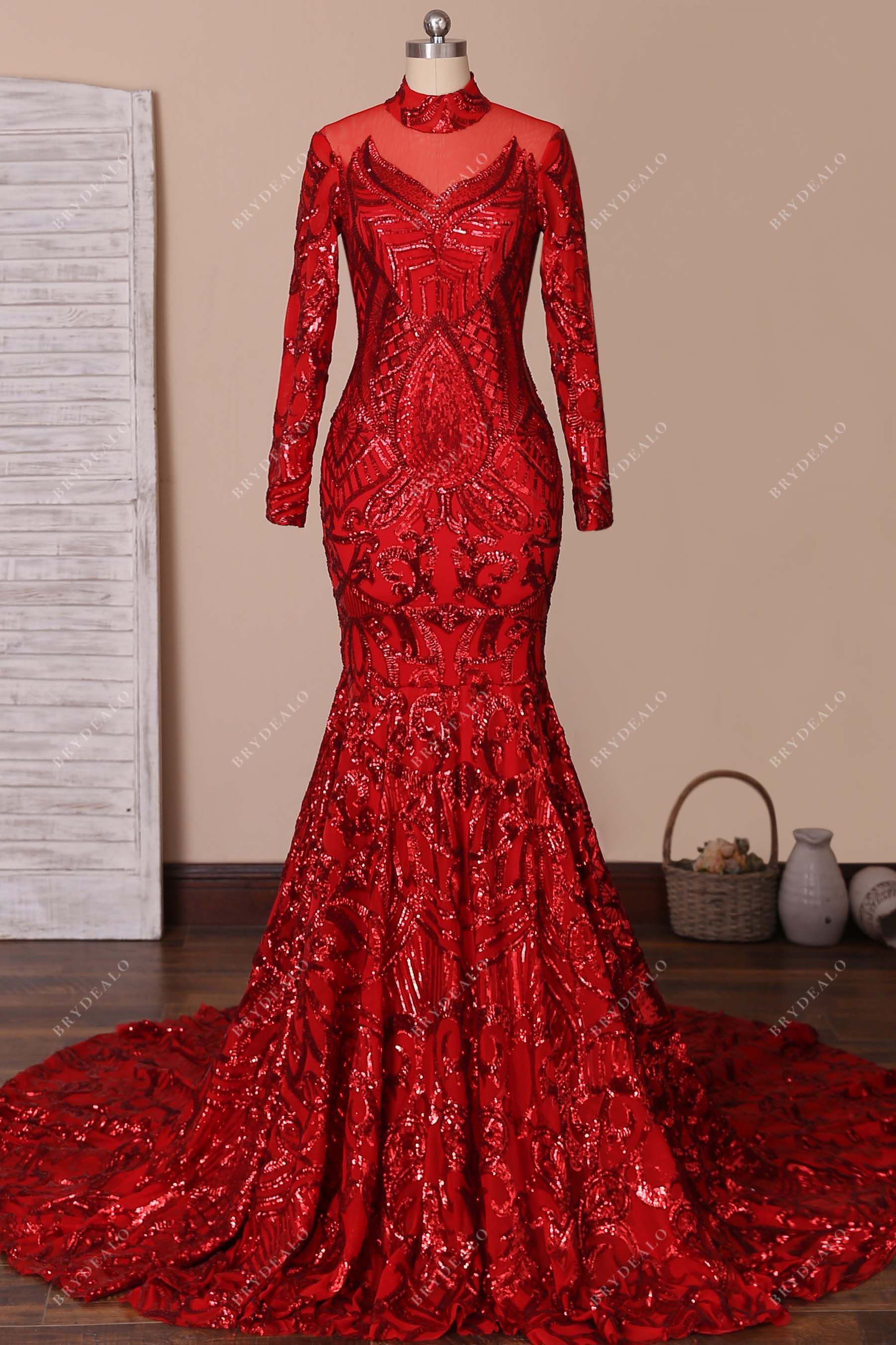 Unique Red Sequin Long Sleeve Mermaid Prom Dress
