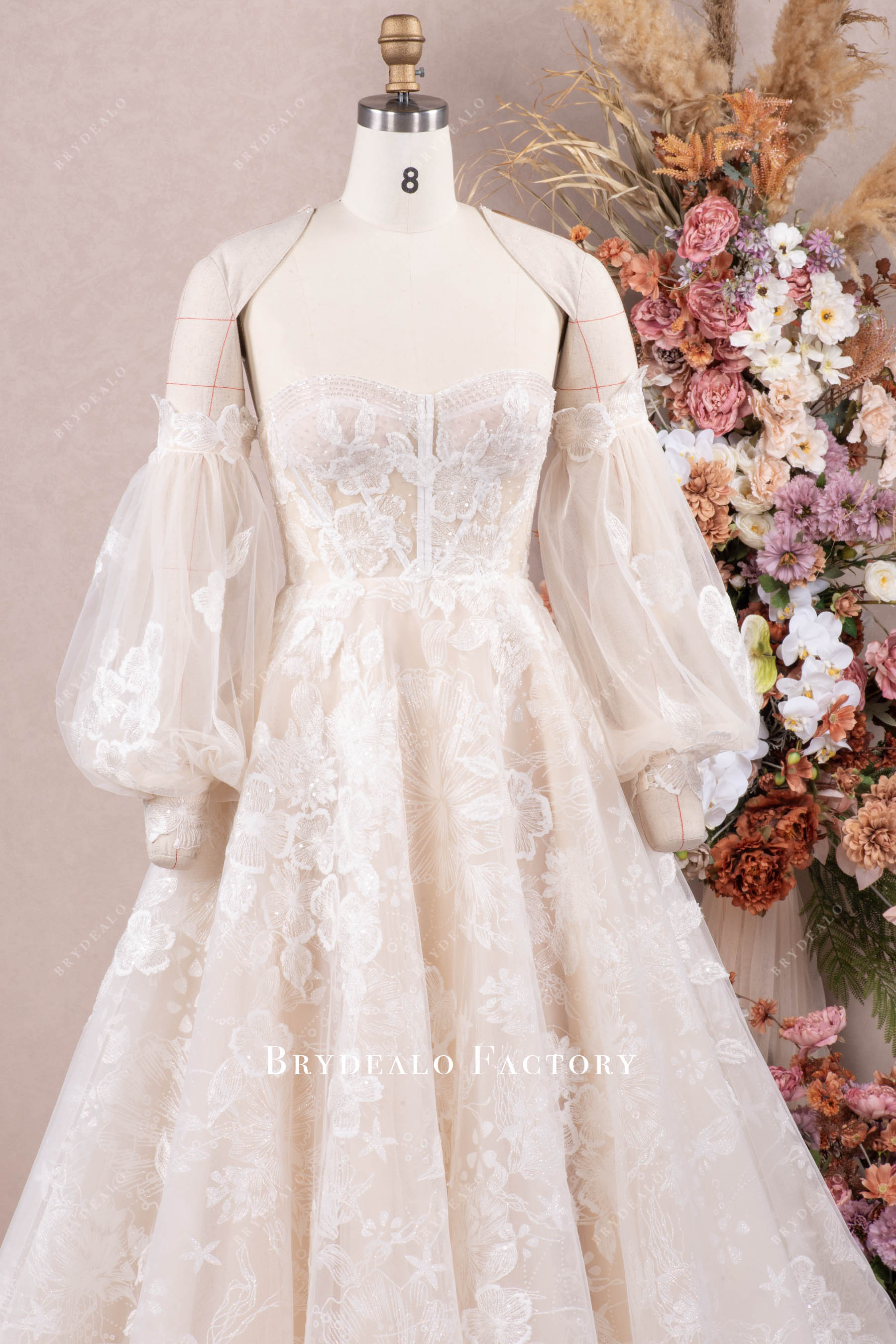 romantic detachable bubble sleeve sweetheart neck A-line wedding dress