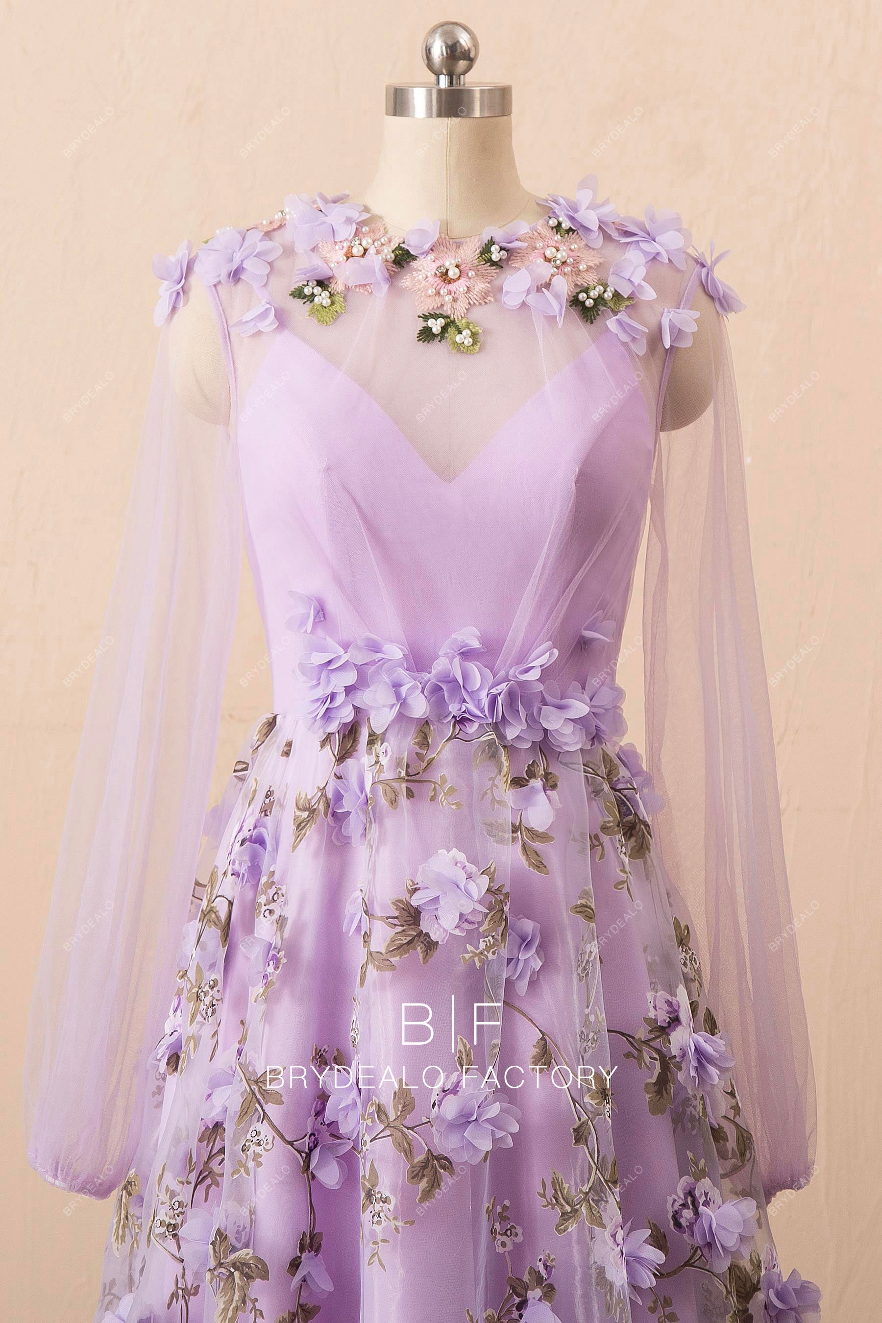 fairy flowers illusion long sleeves prom dress