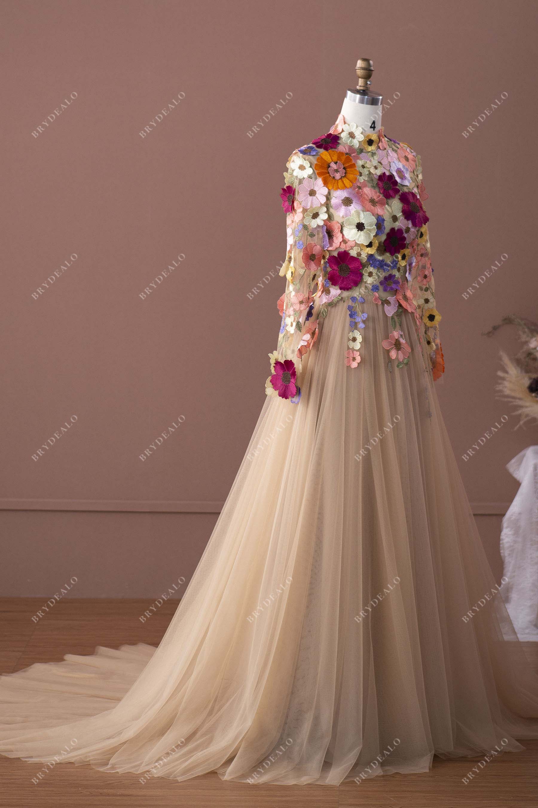 high neck tulle long train bridal dress