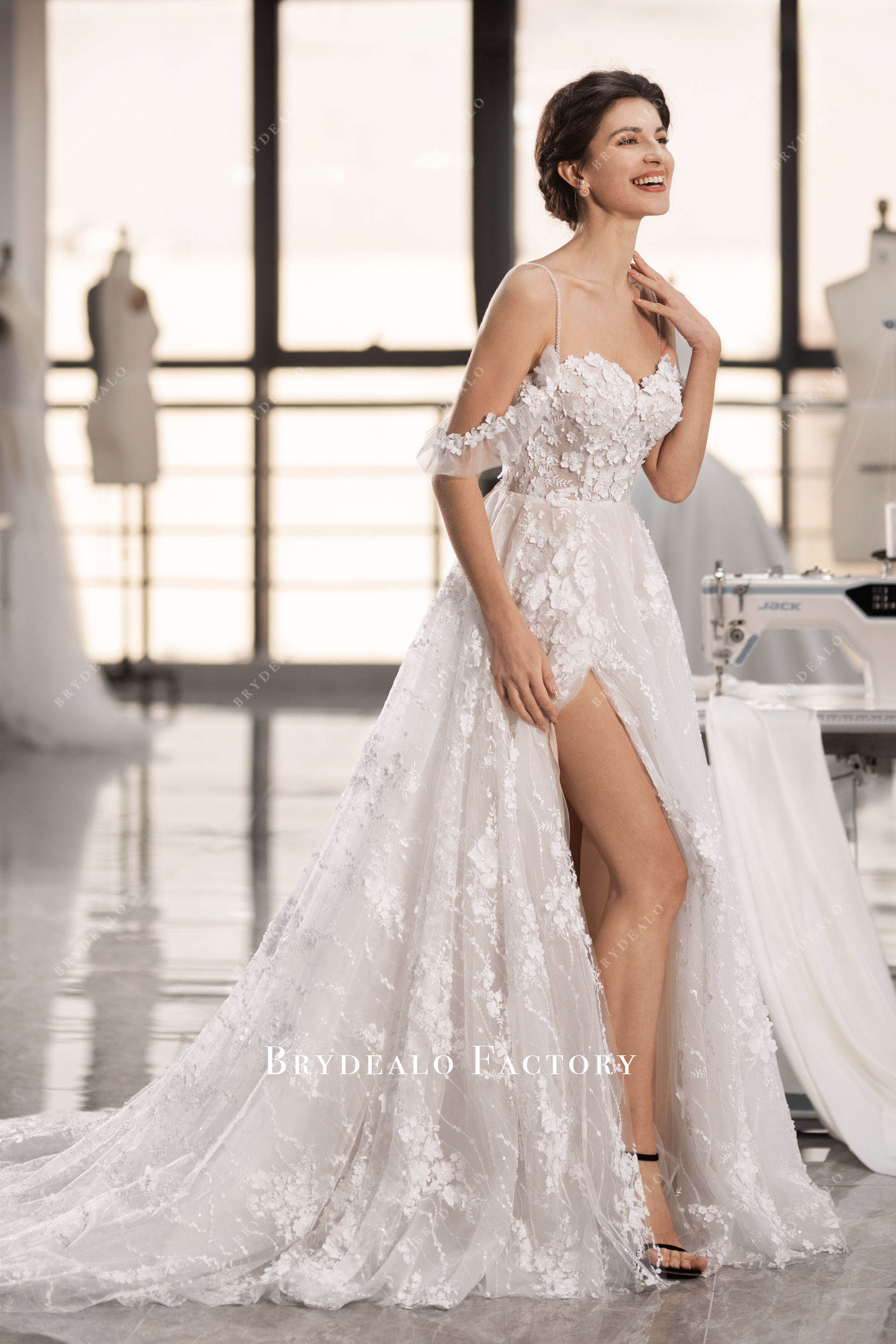 alluring high slit flower wedding dress