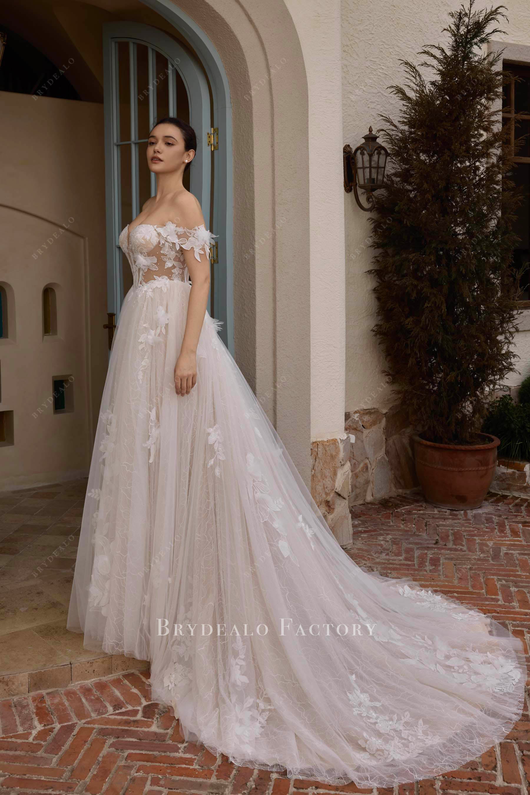 romantic lace a line long train bridal gown