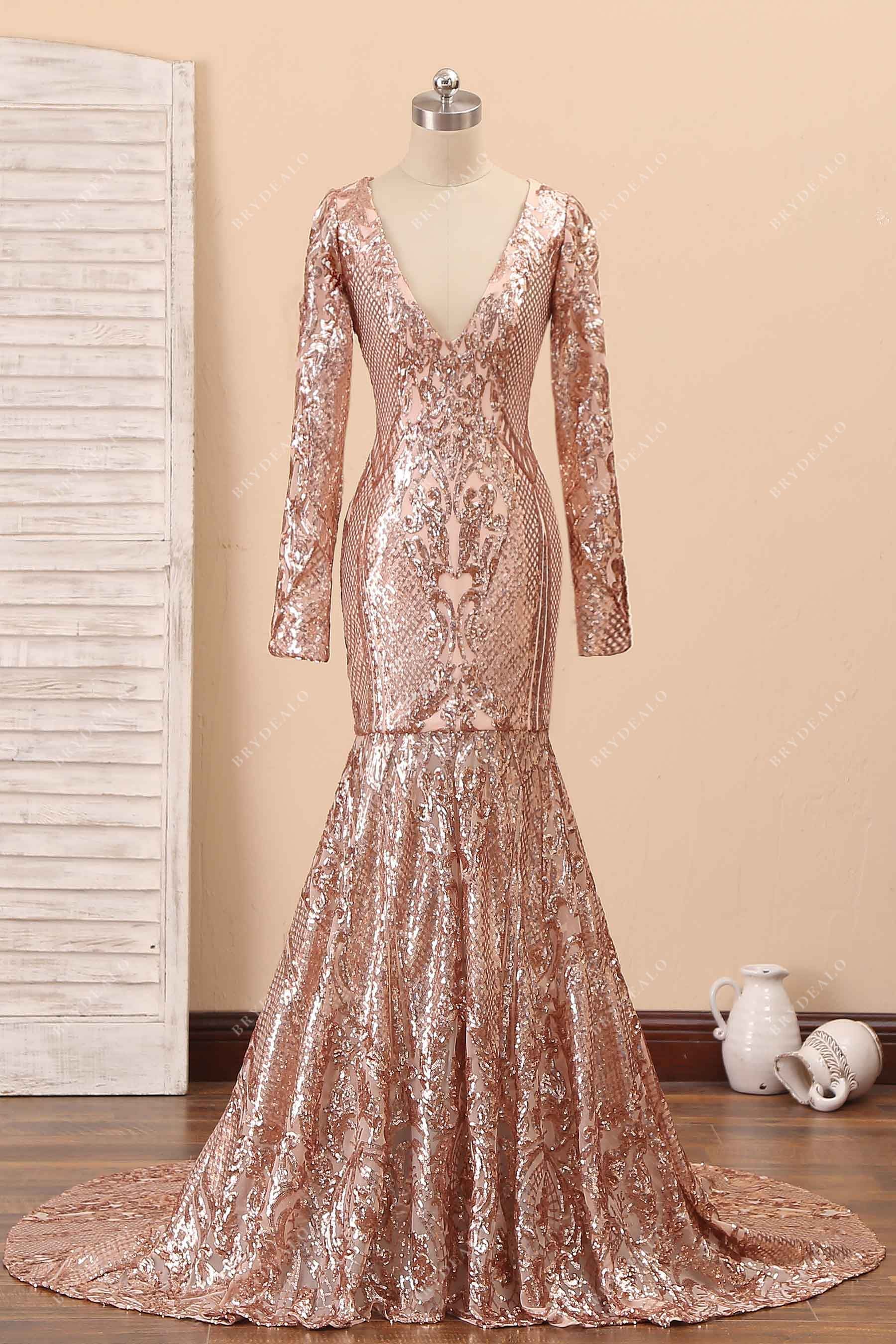 plunging neck long sleeve mermaid prom dress