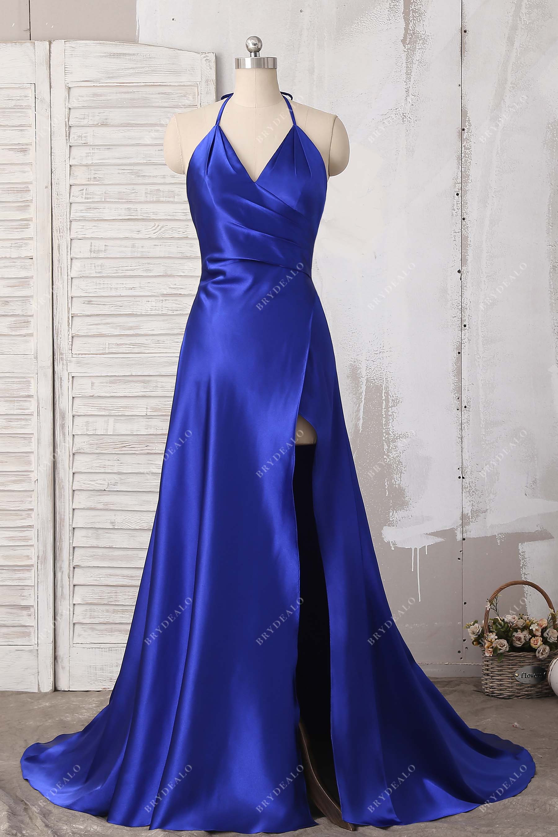 royal blue satin A-line slit prom dress