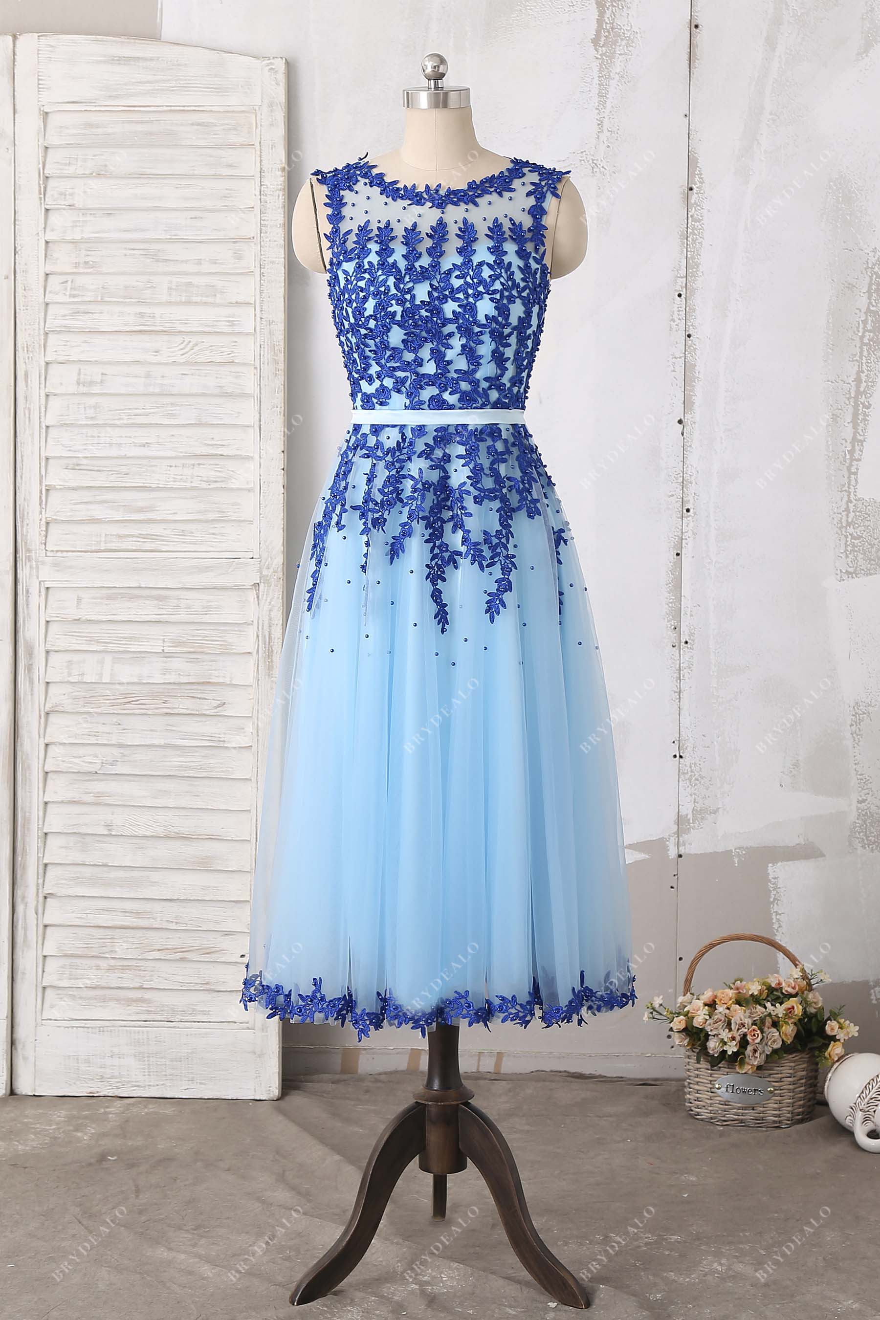 Blue Illusion Neck Lace Tea Length Tulle Cocktail Dress – Brydealo