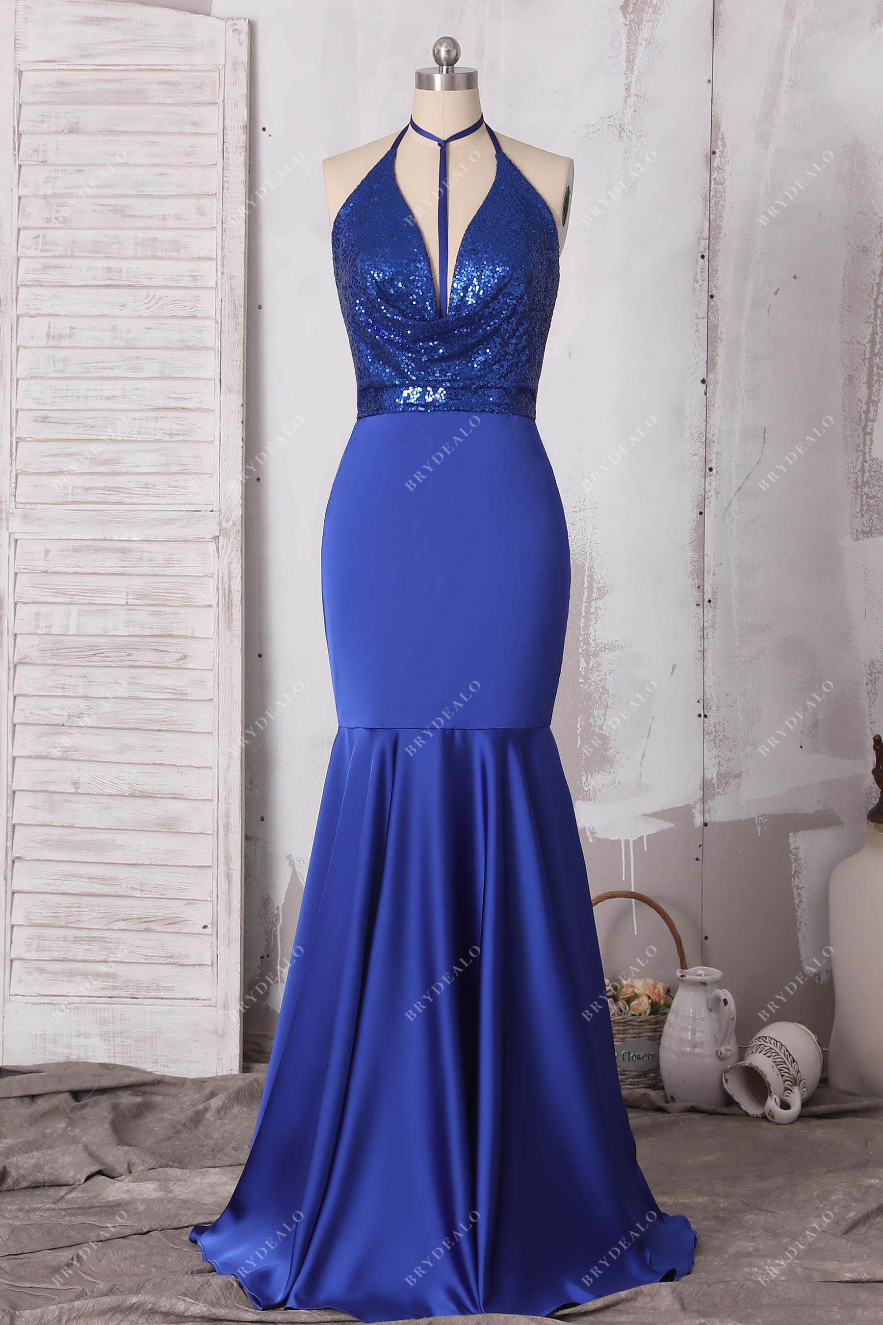 royal blue sequin halter mermaid prom dress
