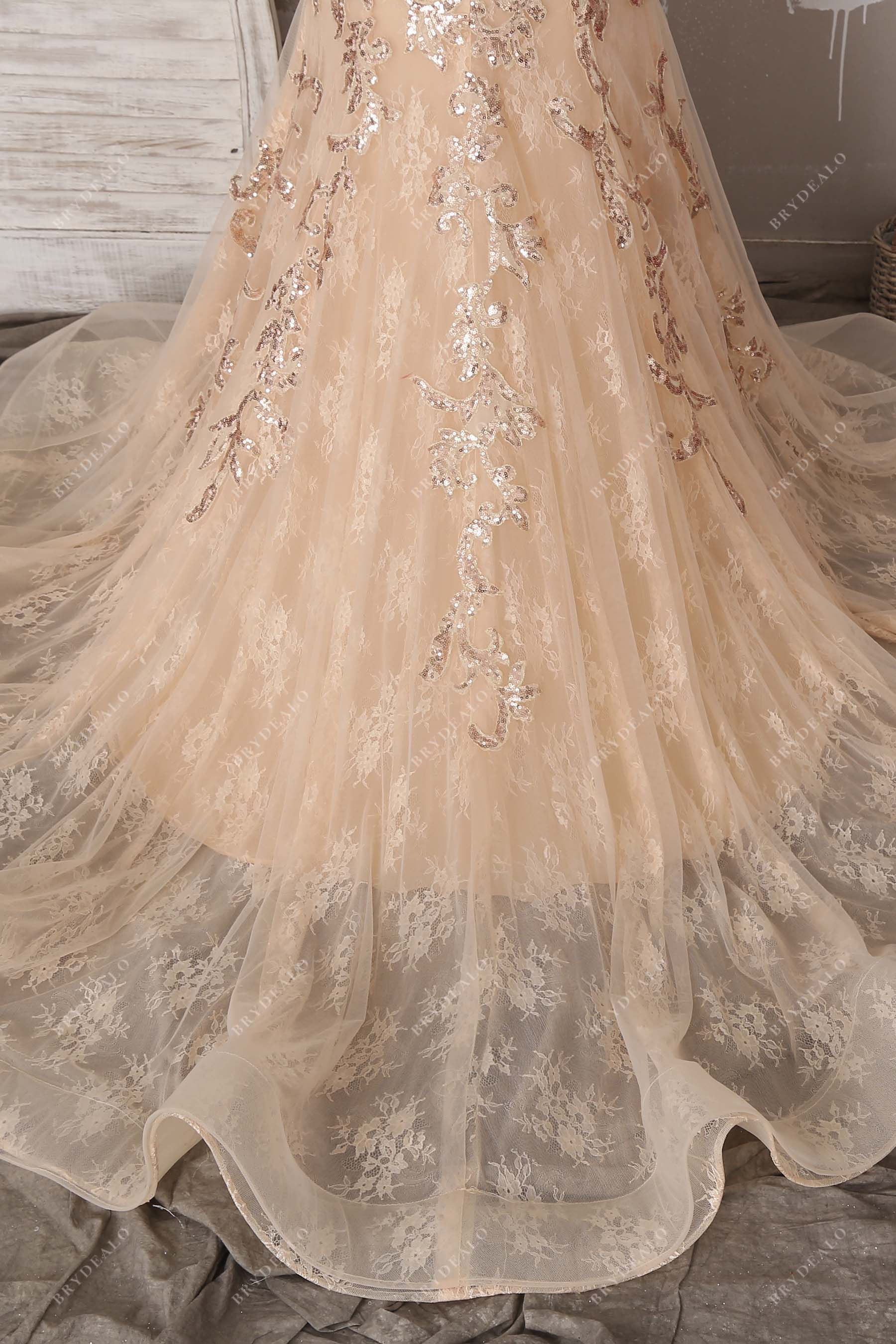 ruffled long train lace applique prom dress