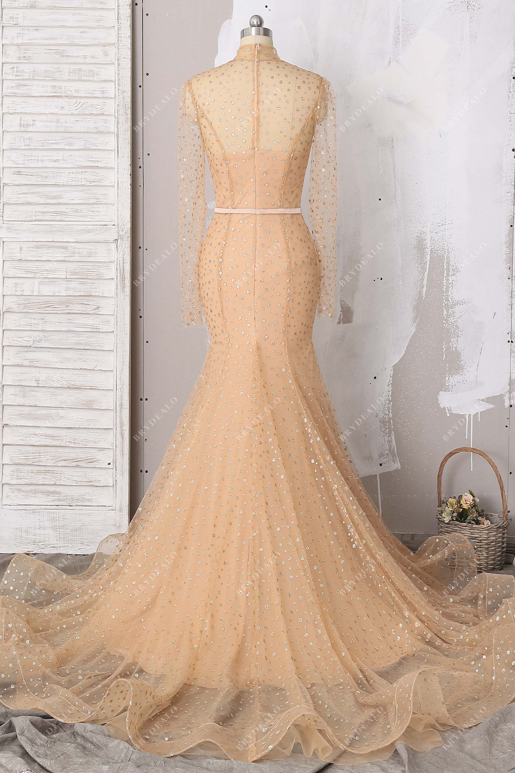 illusion back long sleeve trumpet prom dress