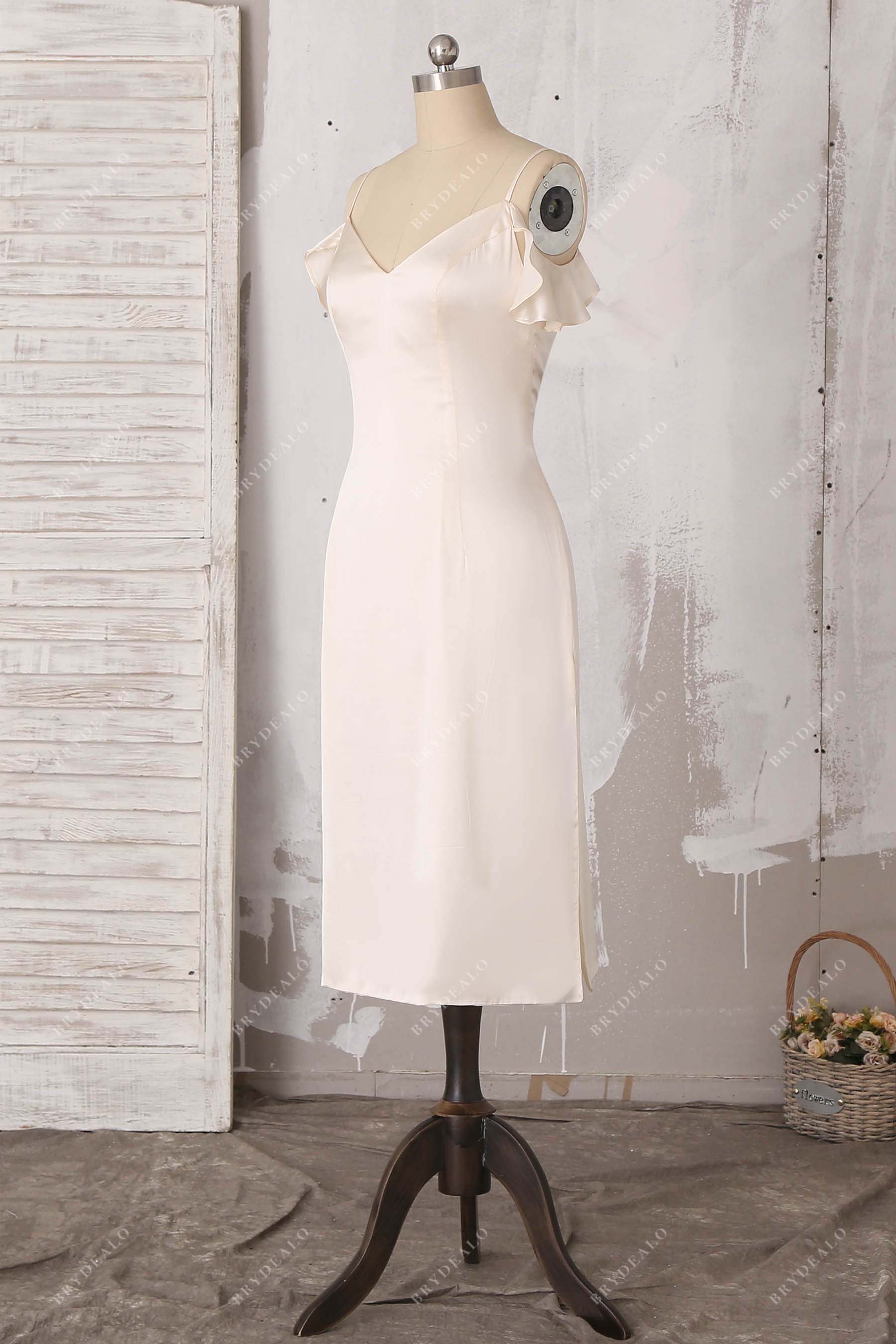 ruffled sleeves v neck tea length bridal dress