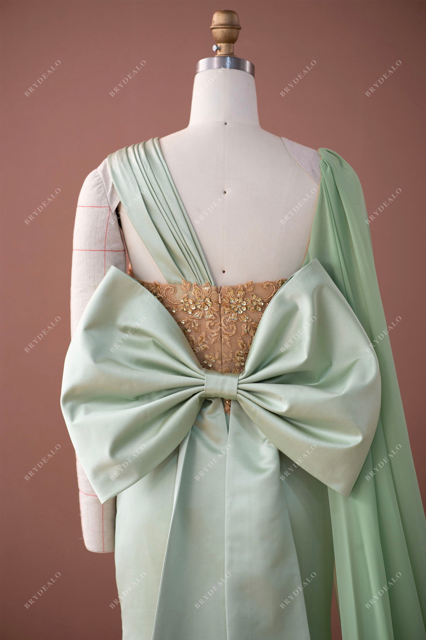 sage satin detachable bowknot prom dress