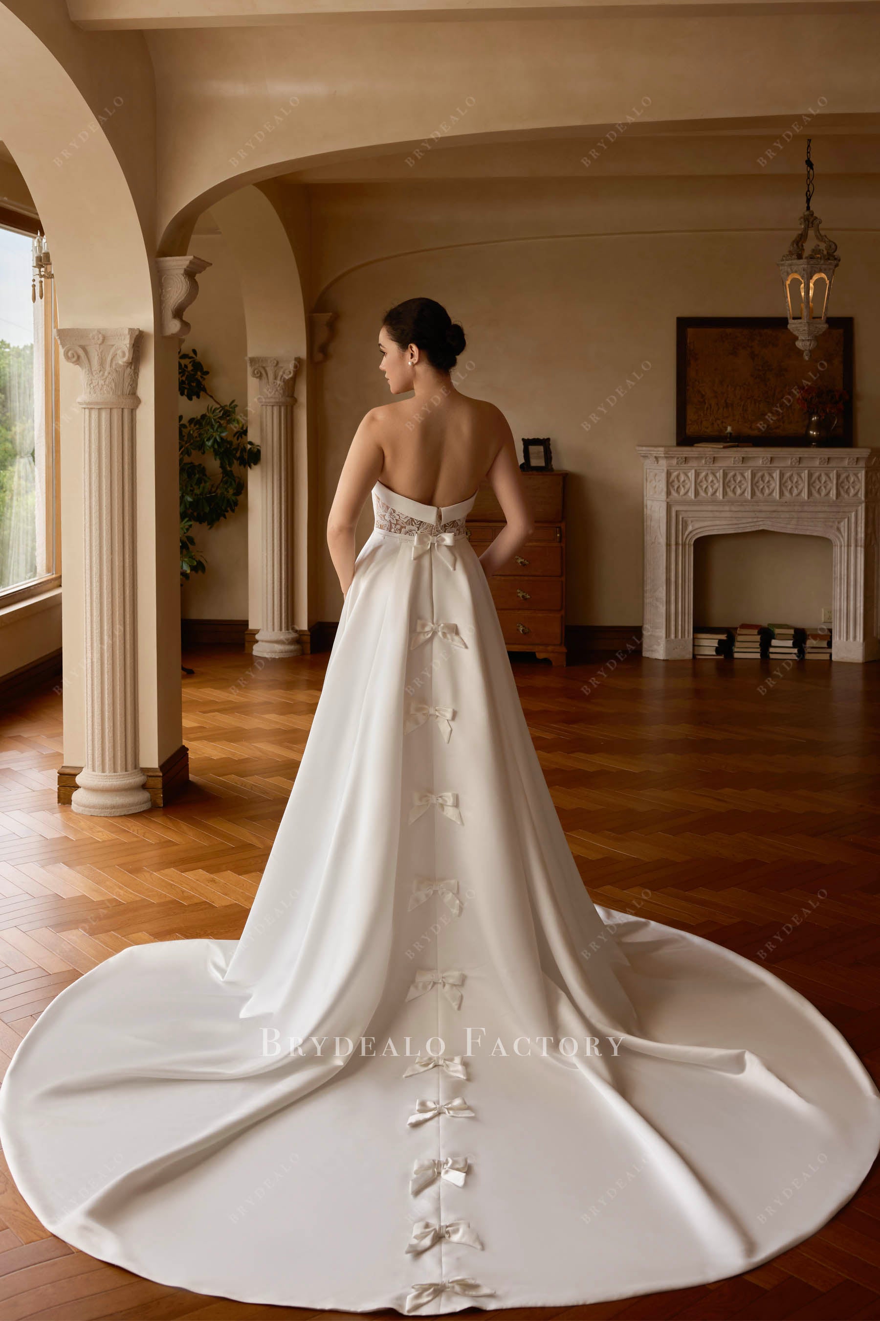 satin bow open back wedding dress