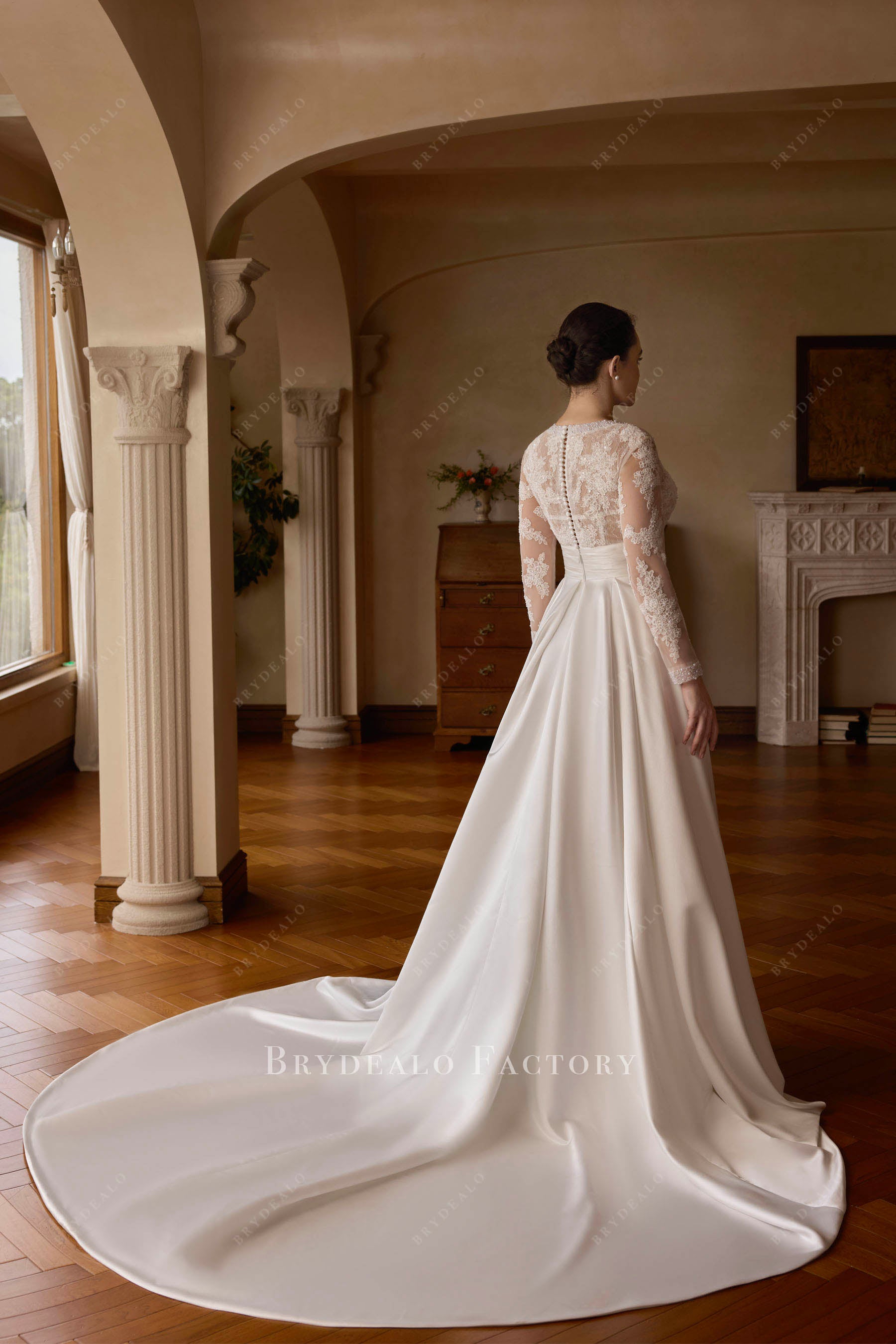 satin cathedral train lace wedding dress