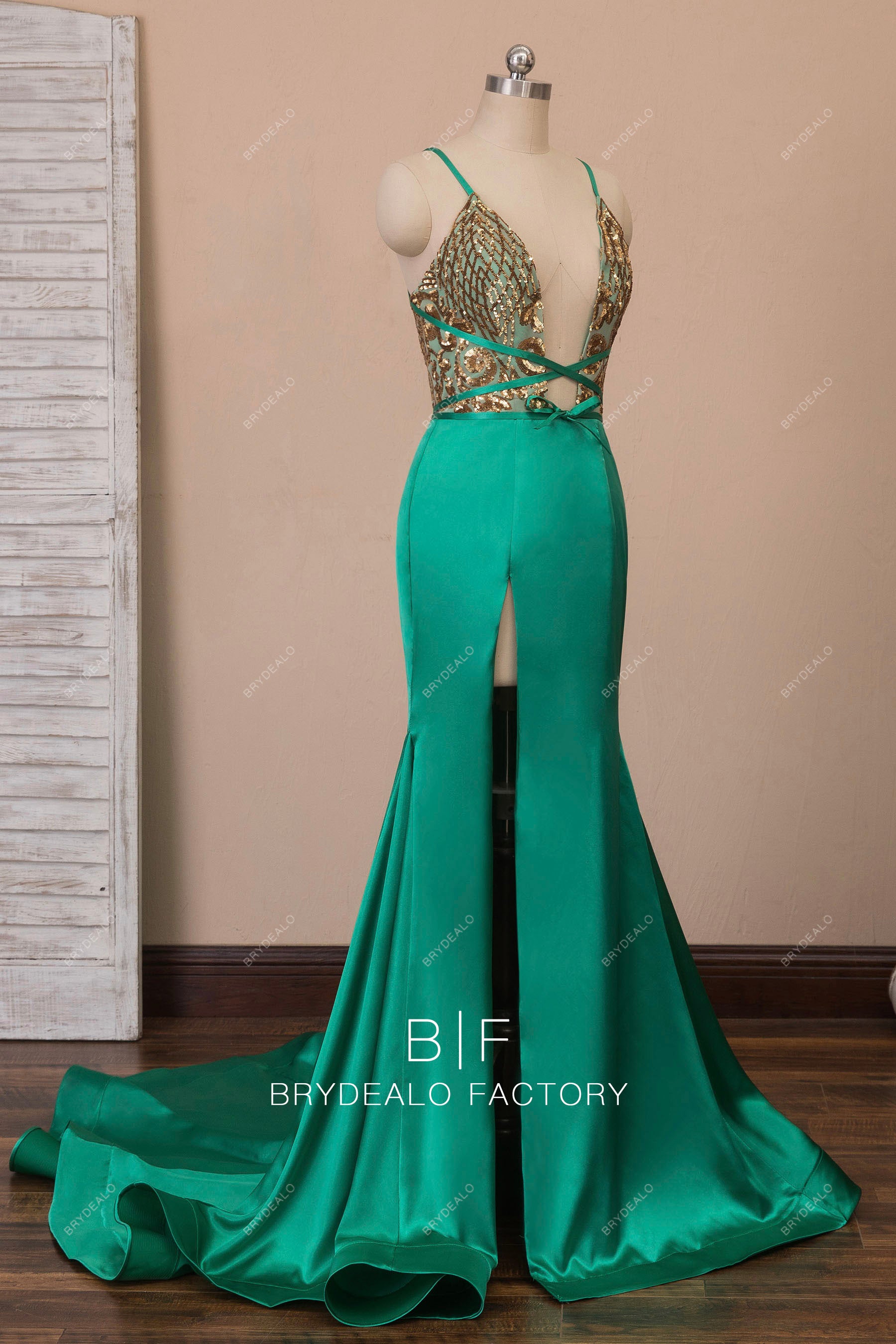 green satin slit prom dress