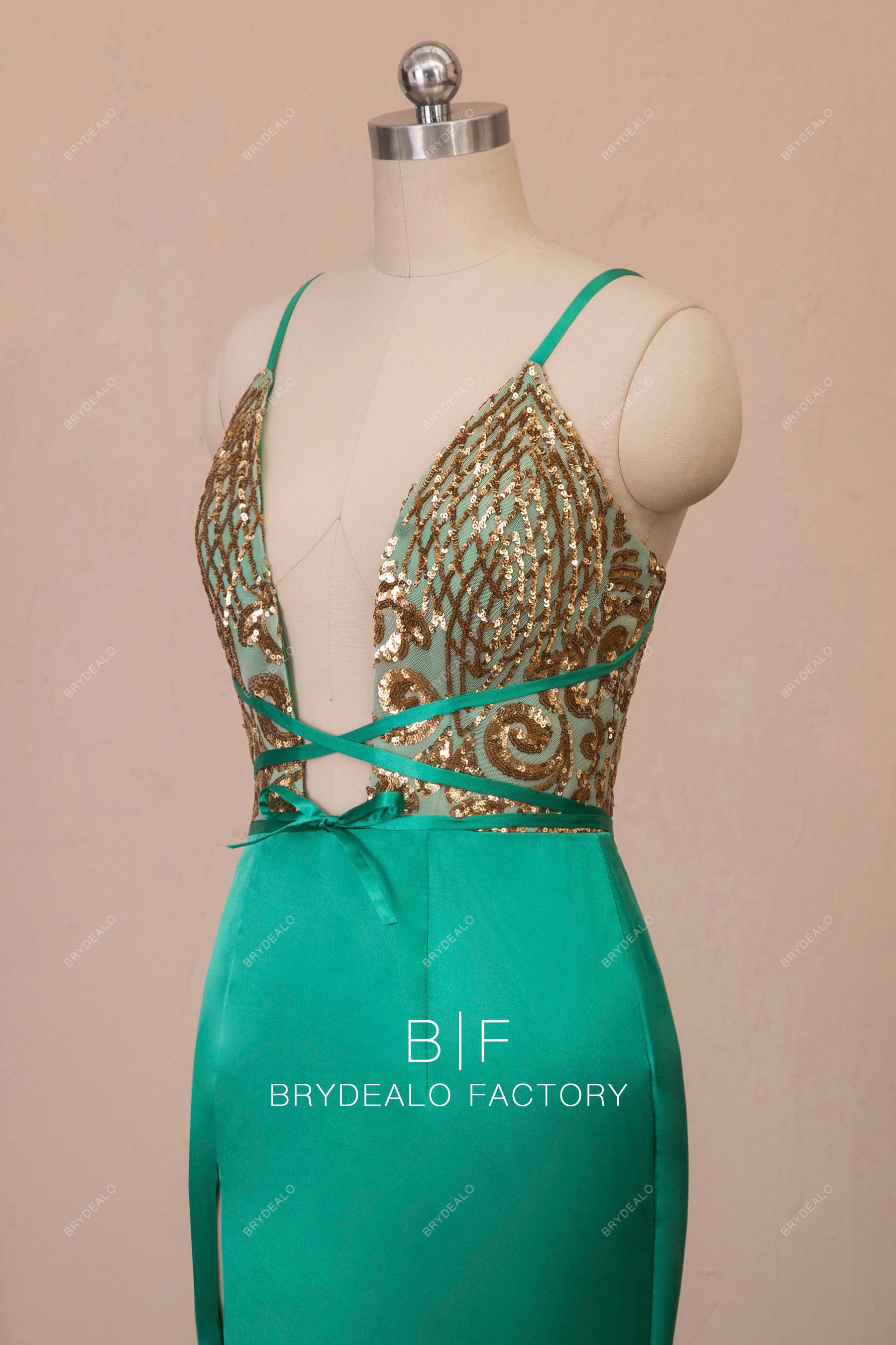 Gold Sequin Green Satin Plunging Slit Mermaid Prom Dress Brydealo Gold Sequin Green Satin Plunging Slit Mermaid Prom Dress Brydealo