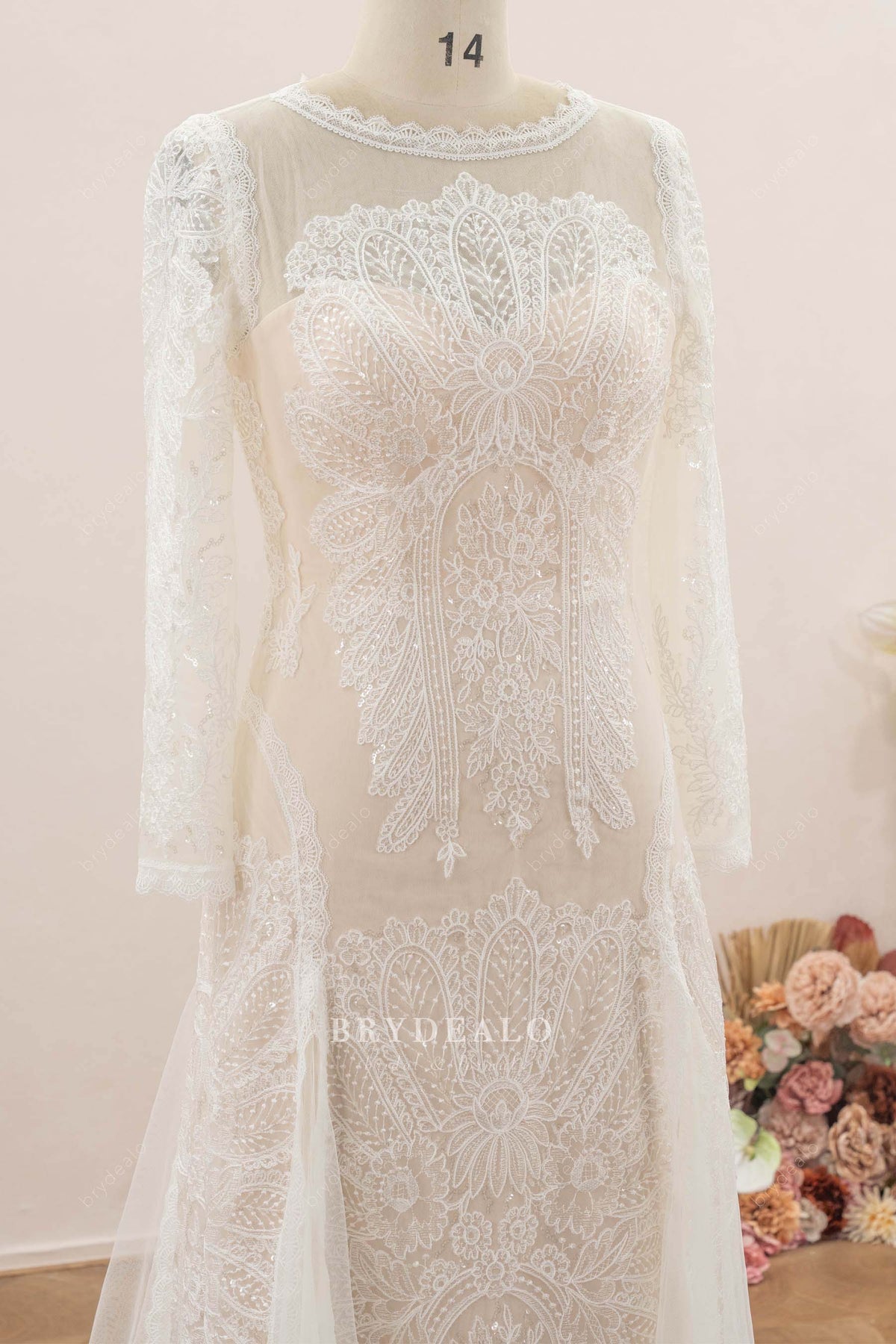 scalloped jewel neck wedding dress