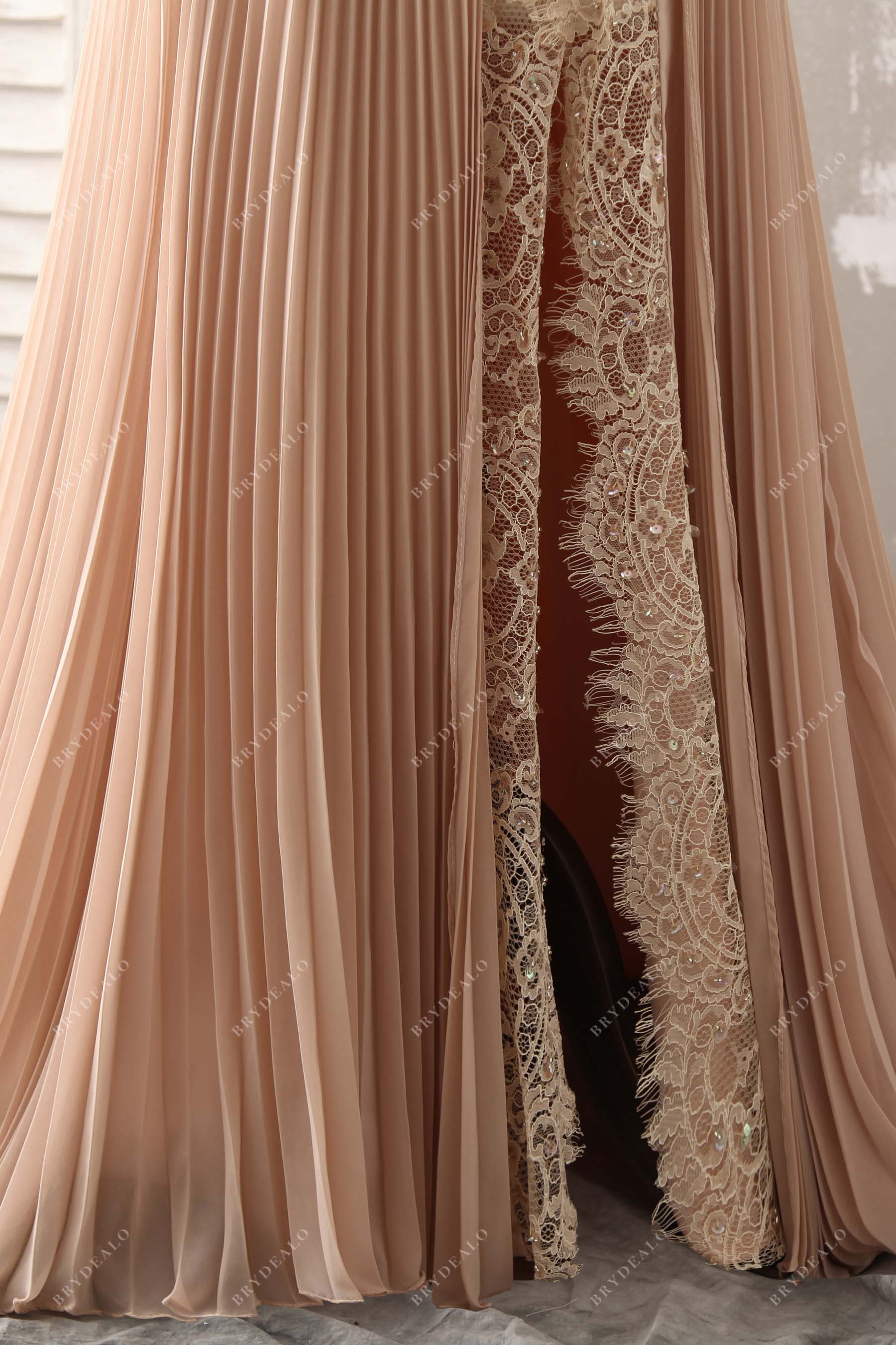 chiffon slit scalloped lace pleated prom dress