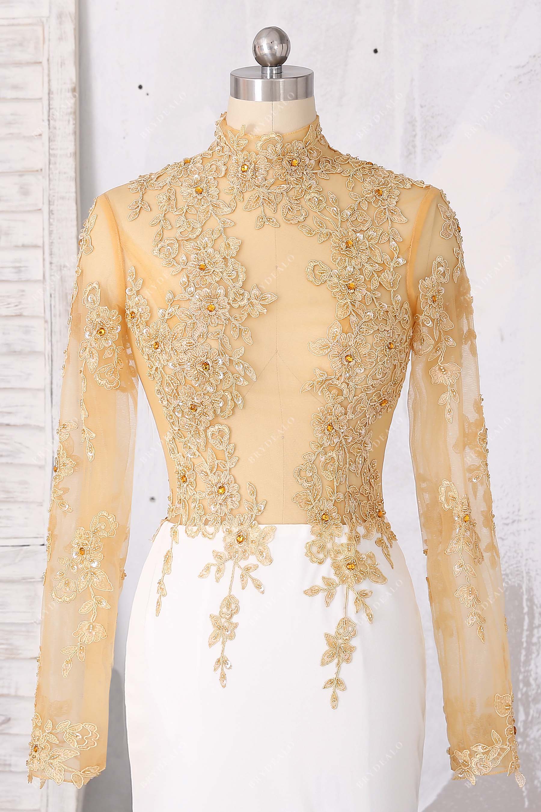 lace sequin beaded sheer long sleeve dress
