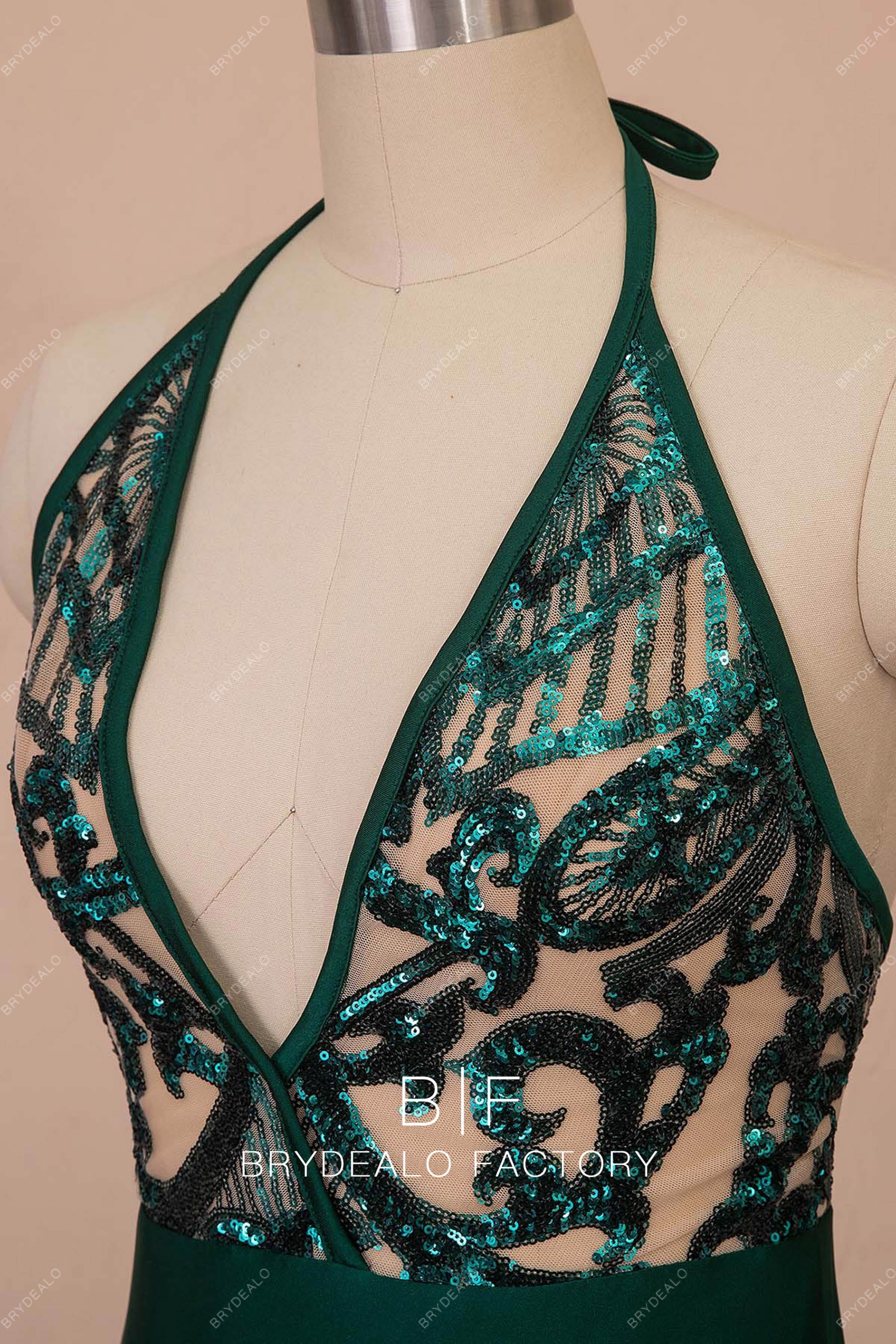 green sequin halter neck plunging prom dress
