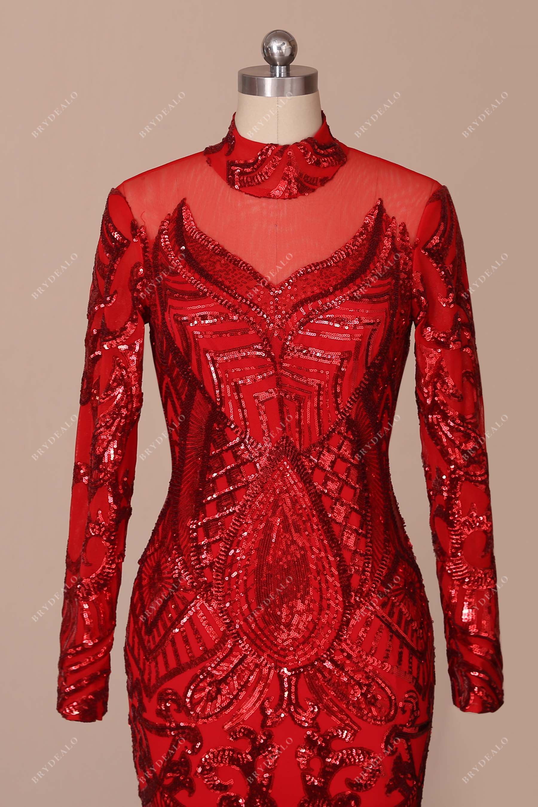 red sequin high neck red sleeve prom gown